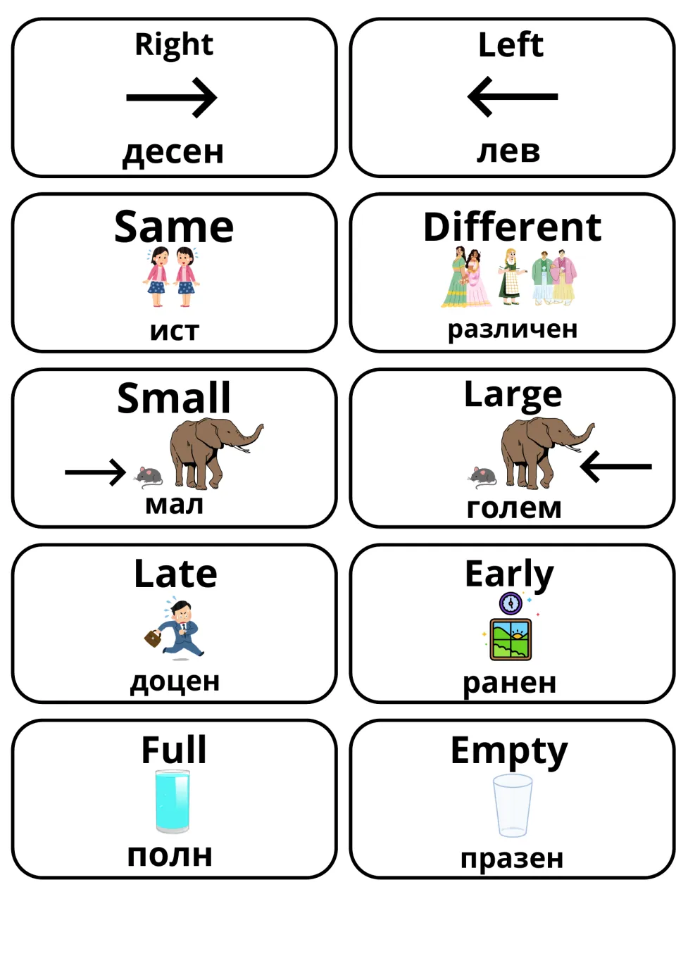 Opposites cards: right/left, same/different, small/large, late/early and full/empty, each with its Macedonian word
