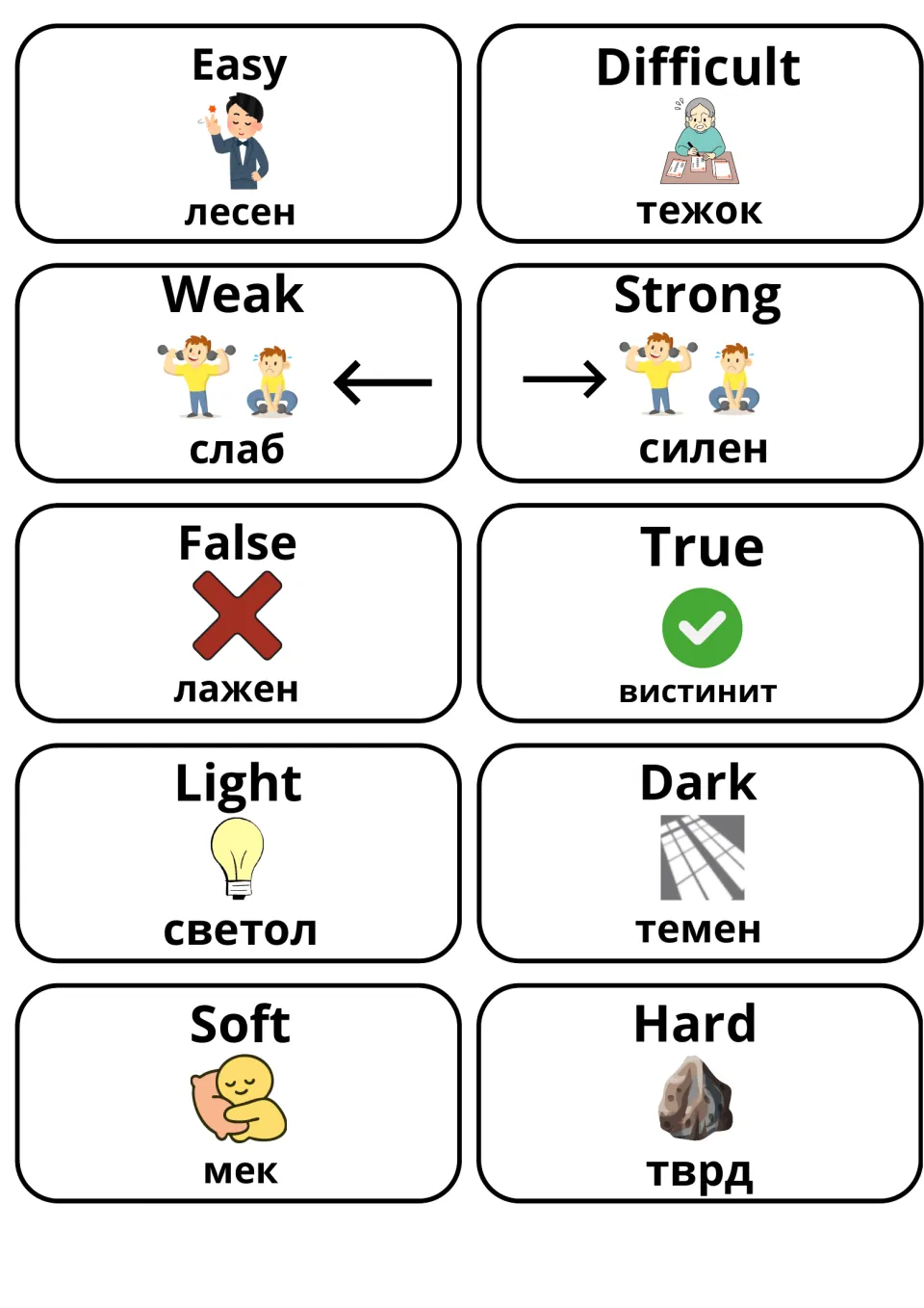 Easy/difficult, weak/strong, false/true, light/dark and soft/hard cards with Macedonian translations and picture cues