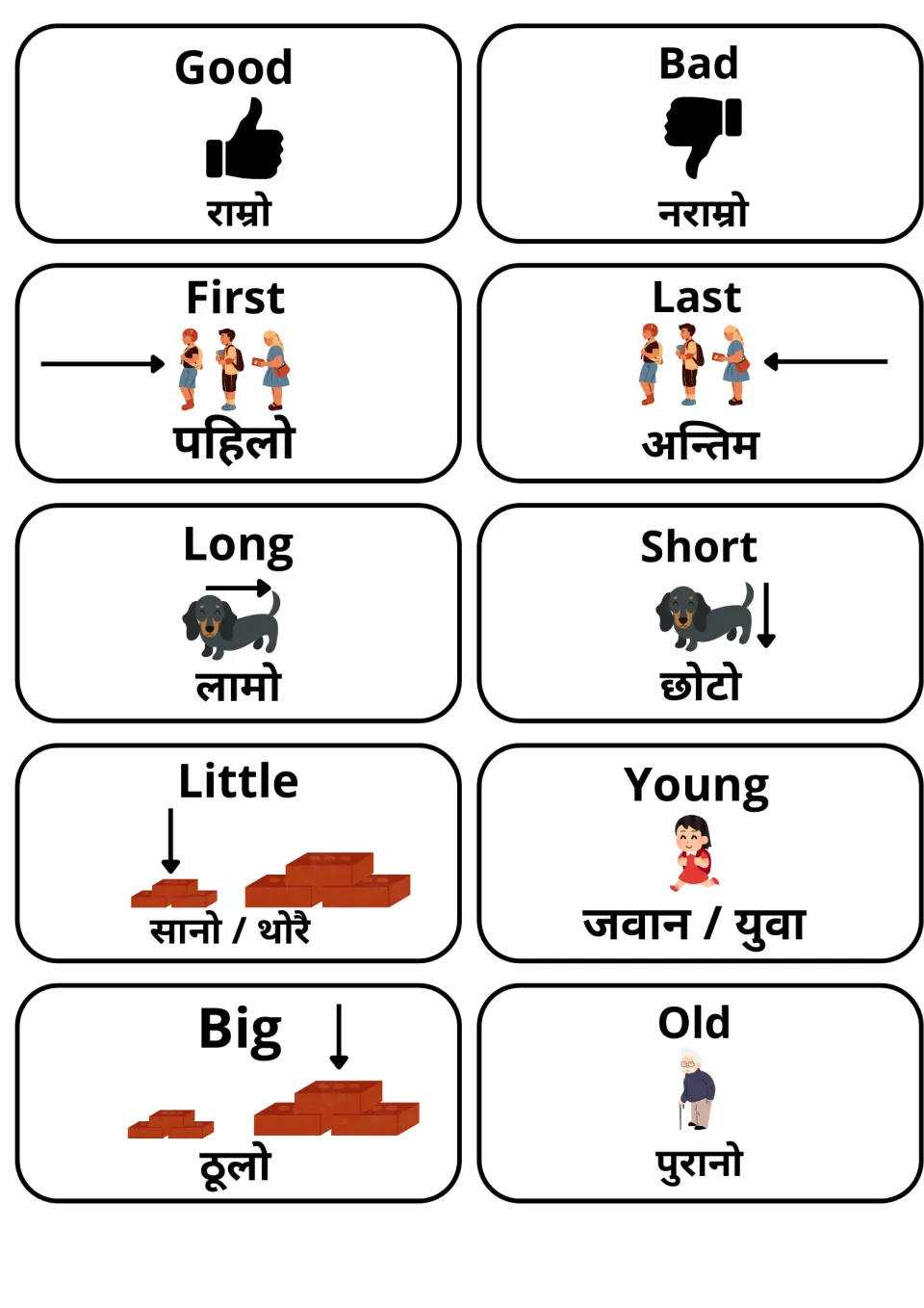 English-Nepali adjective flashcards: 10 picture cards for good, bad, first, last, long, short, little, young, big and old