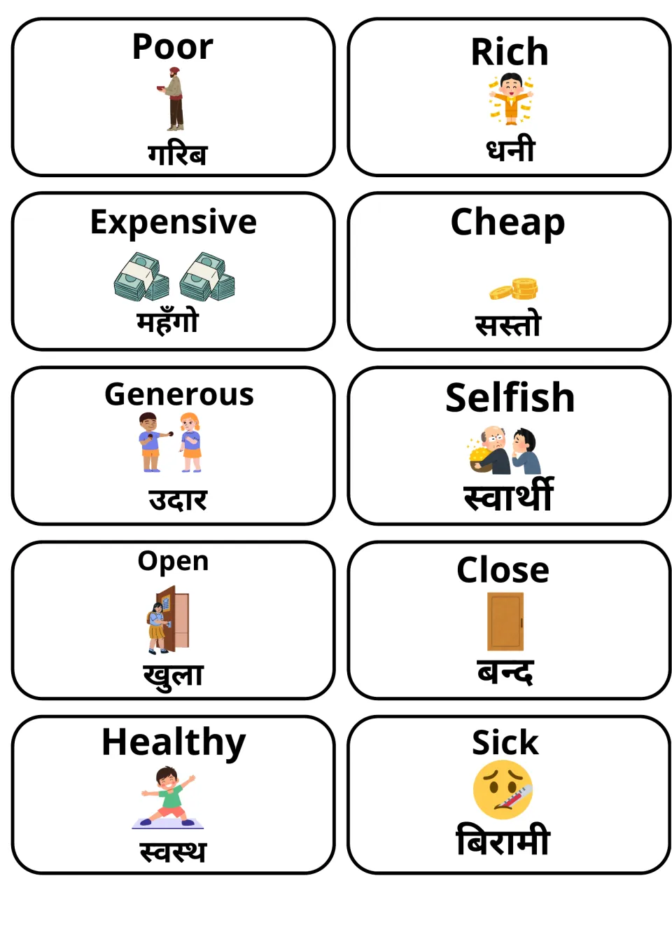 Picture cards pairing English and Nepali for poor, rich, expensive, cheap, generous, selfish, open, close, healthy and sick