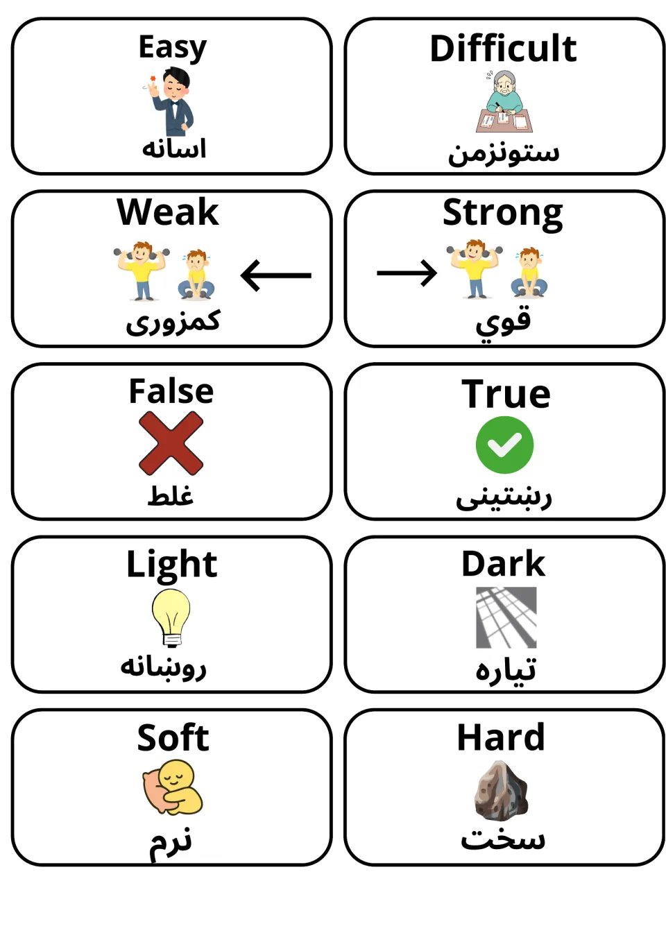 Adjective cards: easy, difficult, weak, strong, false, true, light, dark, soft and hard with pictures and Pashto words