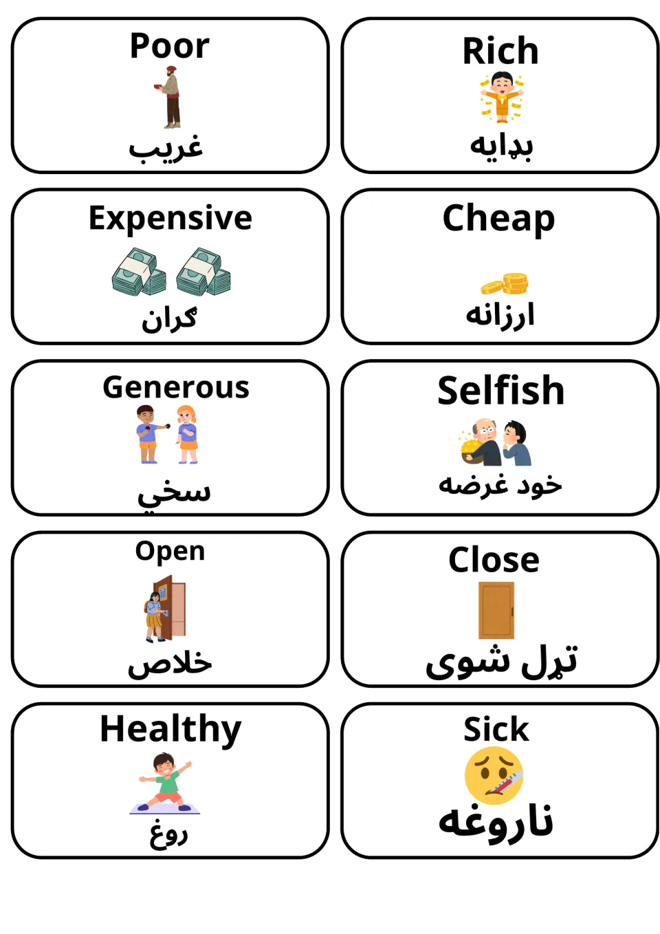 Word cards: poor, rich, expensive, cheap, generous, selfish, open, close, healthy and sick, with Pashto words and pictures