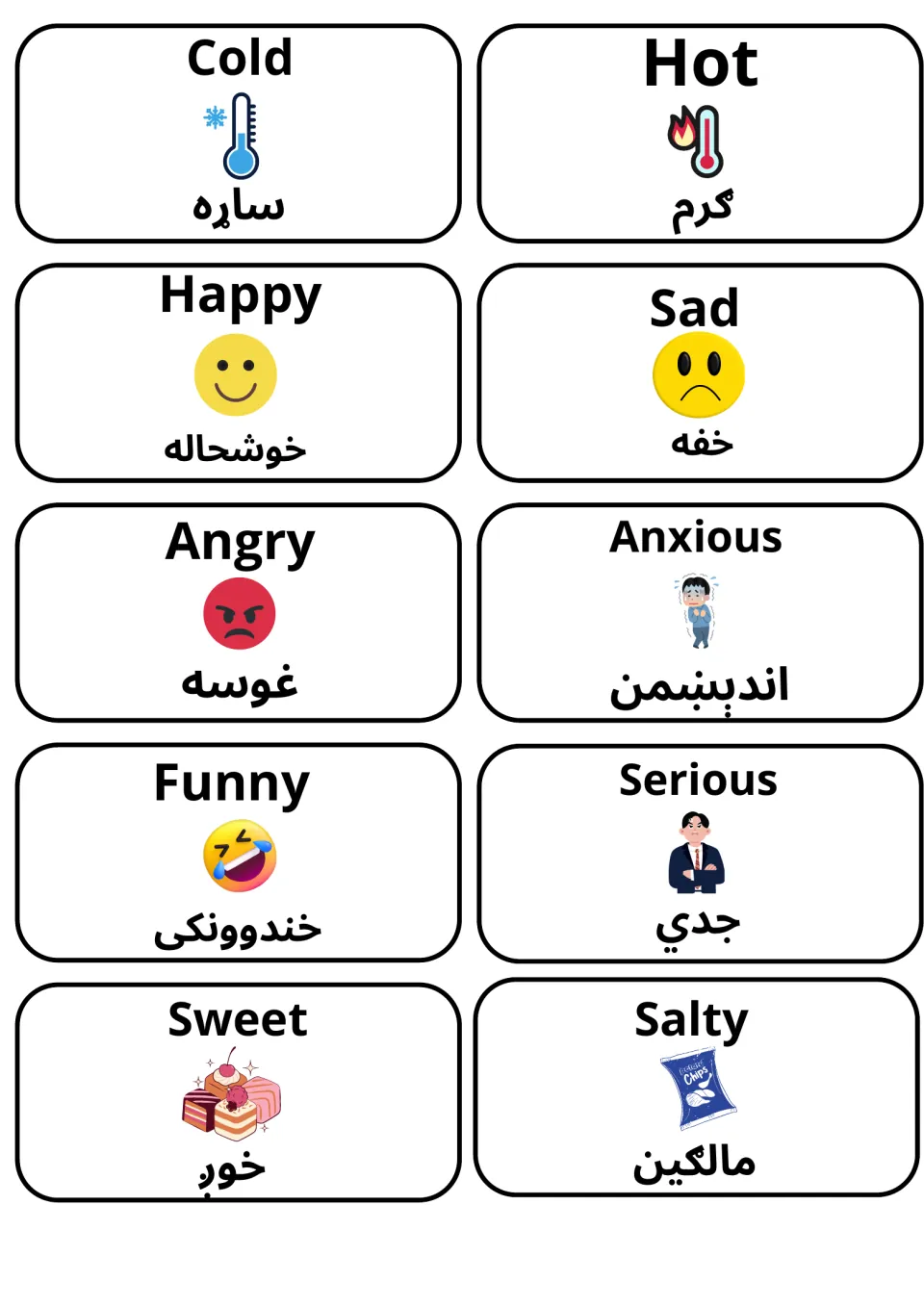 Feelings and senses: cold, hot, happy, sad, angry, anxious, funny, serious, sweet, salty, each with its Pashto word