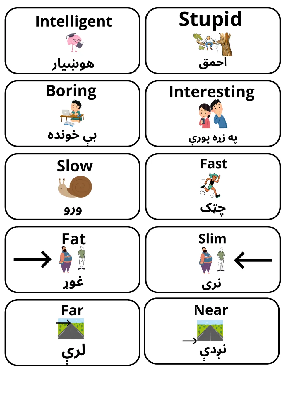 Adjective cards: intelligent, stupid, boring, interesting, slow, fast, fat, slim, far and near, paired with a Pashto word