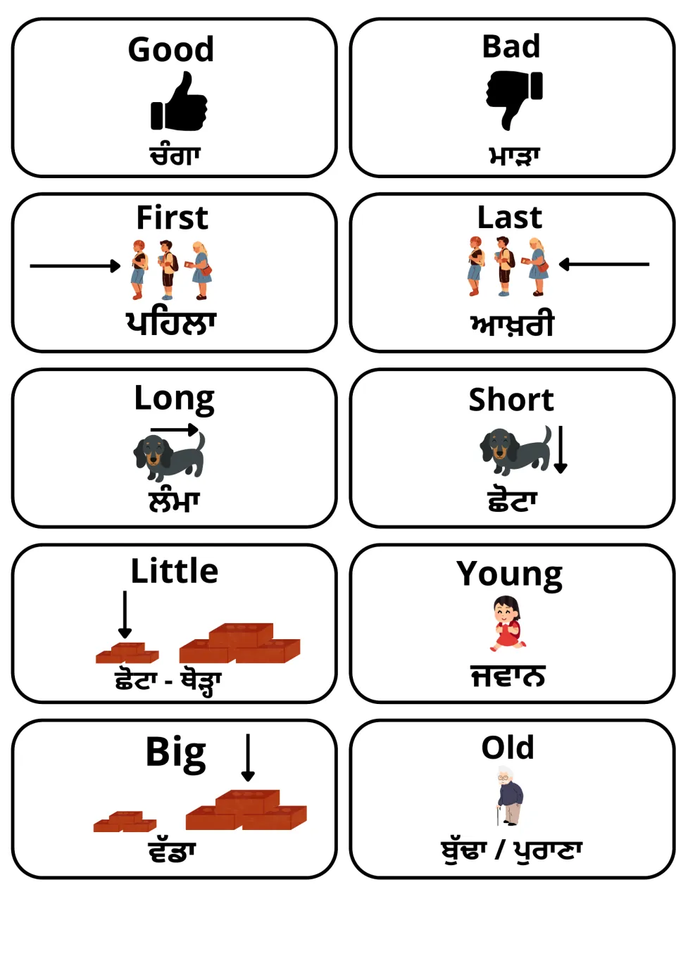Adjective opposites in English and Punjabi: 10 picture cards for good/bad, first/last, long/short, little/young, big/old