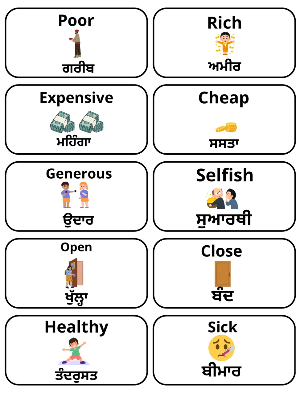 Picture cards pairing English and Gurmukhi words: poor/rich, expensive/cheap, generous/selfish, open/close, healthy/sick