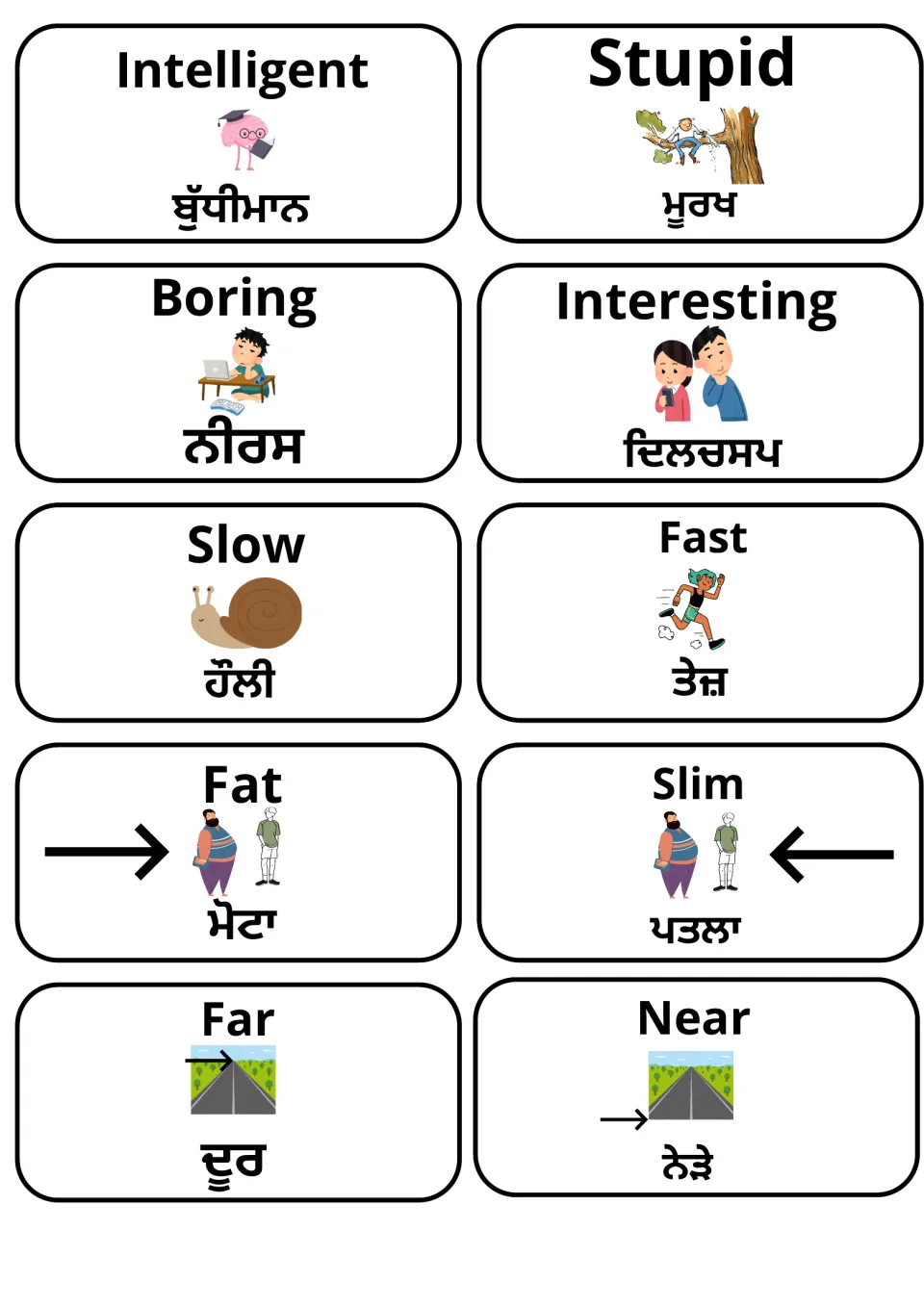 Describing-word cards in English and Punjabi: intelligent/stupid, boring/interesting, slow/fast, fat/slim and far/near