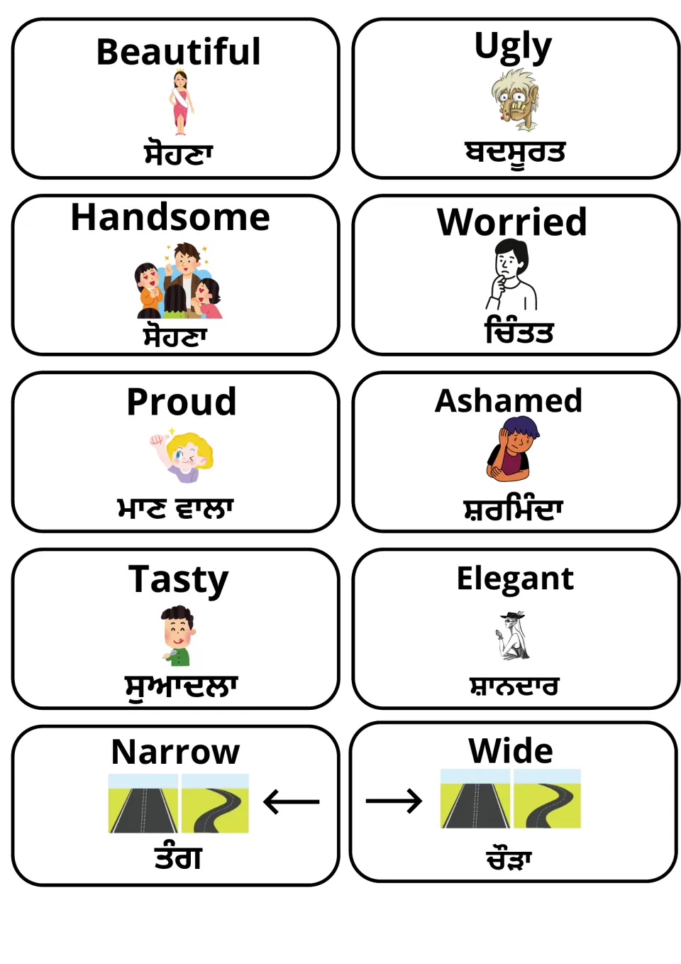 Adjective pair cards: beautiful/ugly, handsome/worried, proud/ashamed, tasty/elegant, narrow/wide with Punjabi words