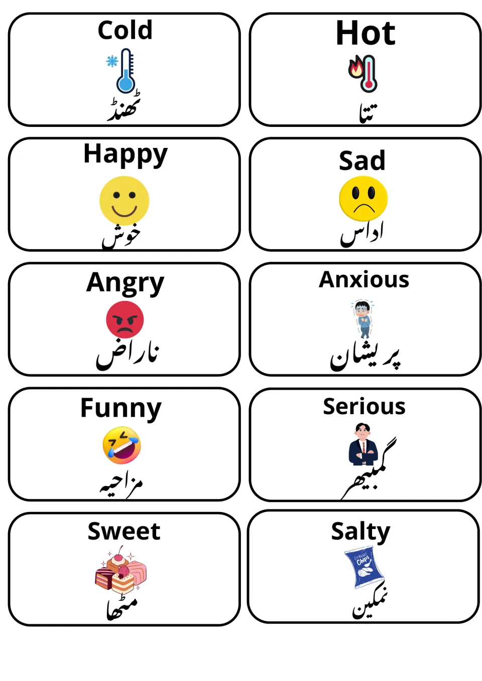 Feelings and senses cards: cold, hot, happy, sad, angry, anxious, funny, serious, sweet and salty, each labeled in Punjabi