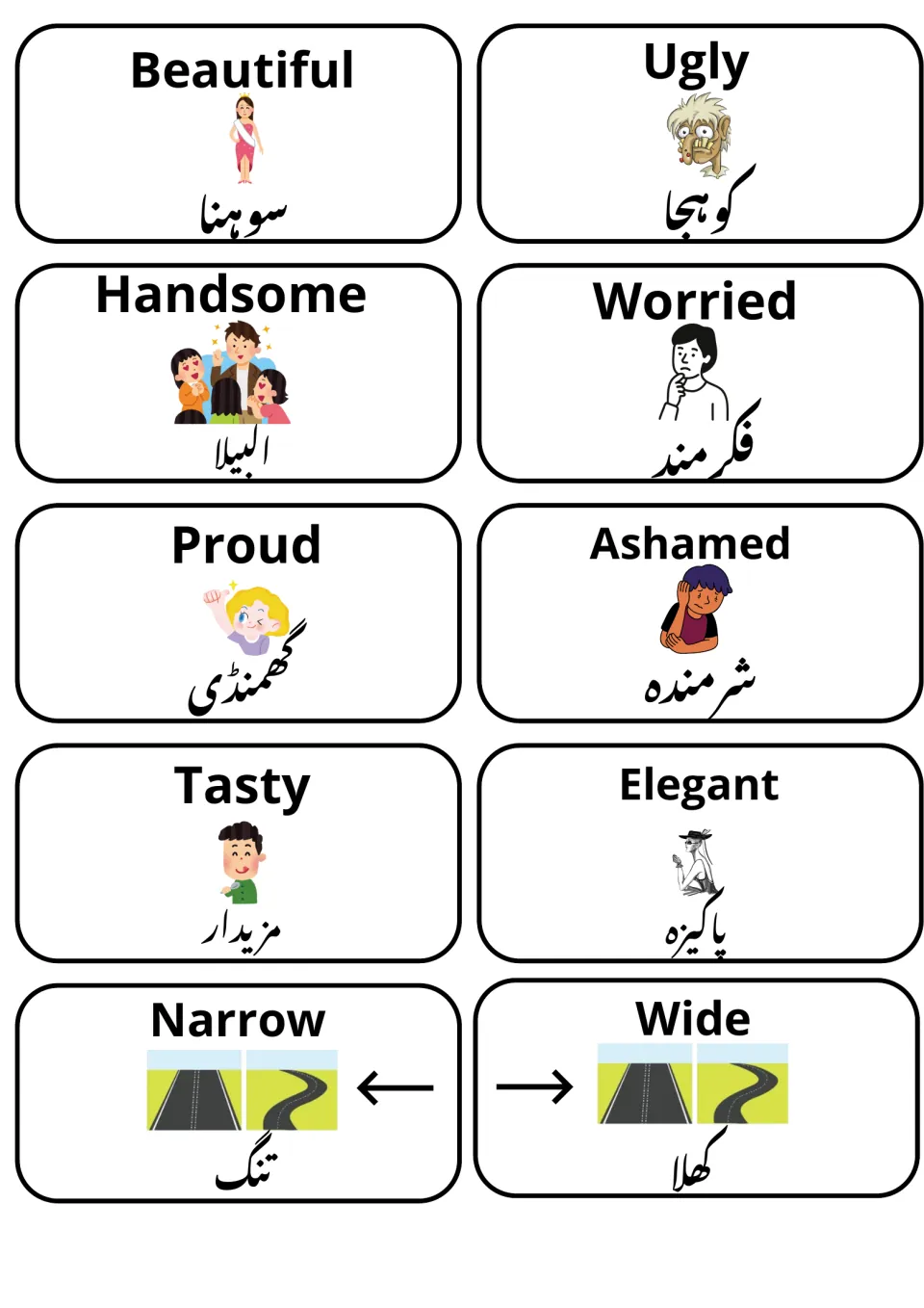 Cards for beautiful, ugly, handsome, worried, proud, ashamed, tasty, elegant, narrow and wide with Punjabi word and image