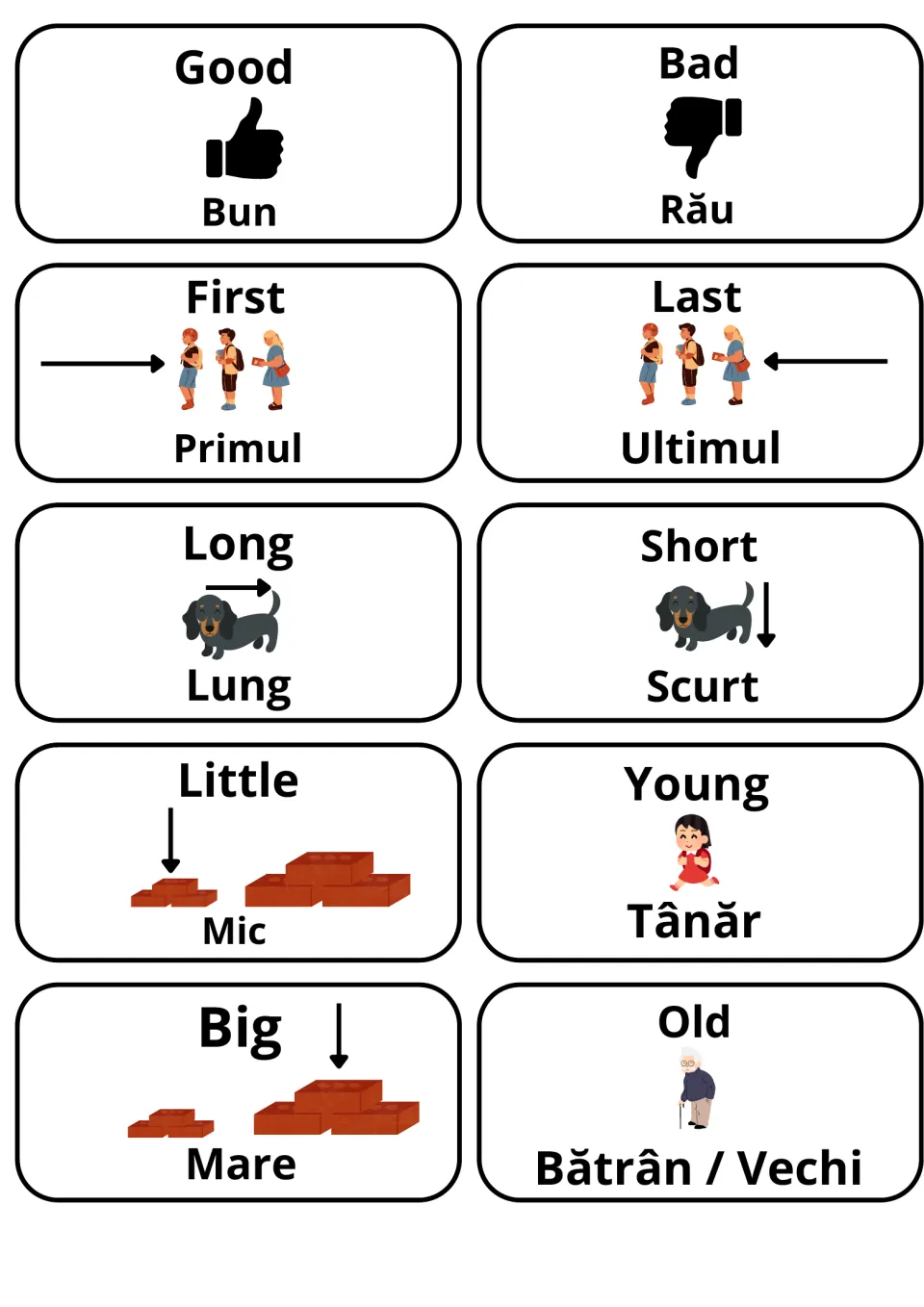 English-Romanian adjective cards: 10 pictured opposites such as good/bun vs bad/rău, first/primul vs last/ultimul