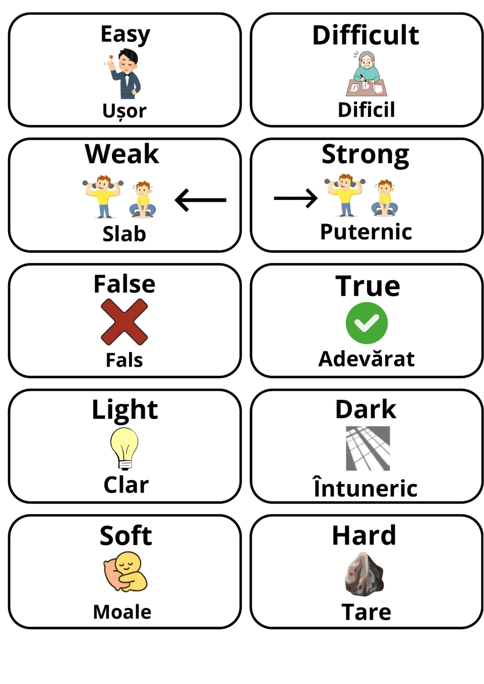 Picture cards for adjective pairs with Romanian words: easy/ușor, difficult/dificil, weak/slab, strong/puternic