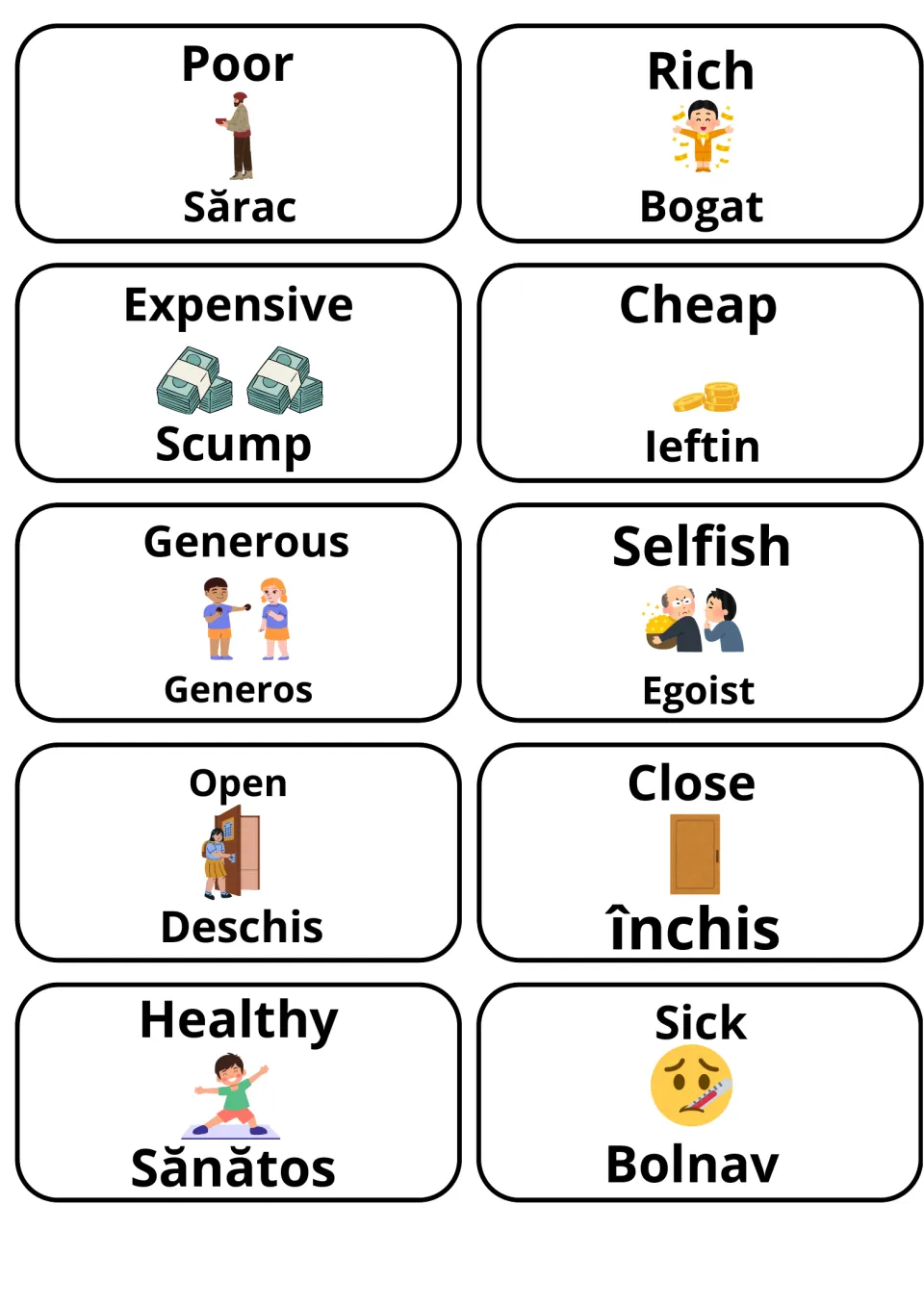 Adjective cards with English, picture and Romanian: poor/sărac, rich/bogat, expensive/scump, cheap/ieftin