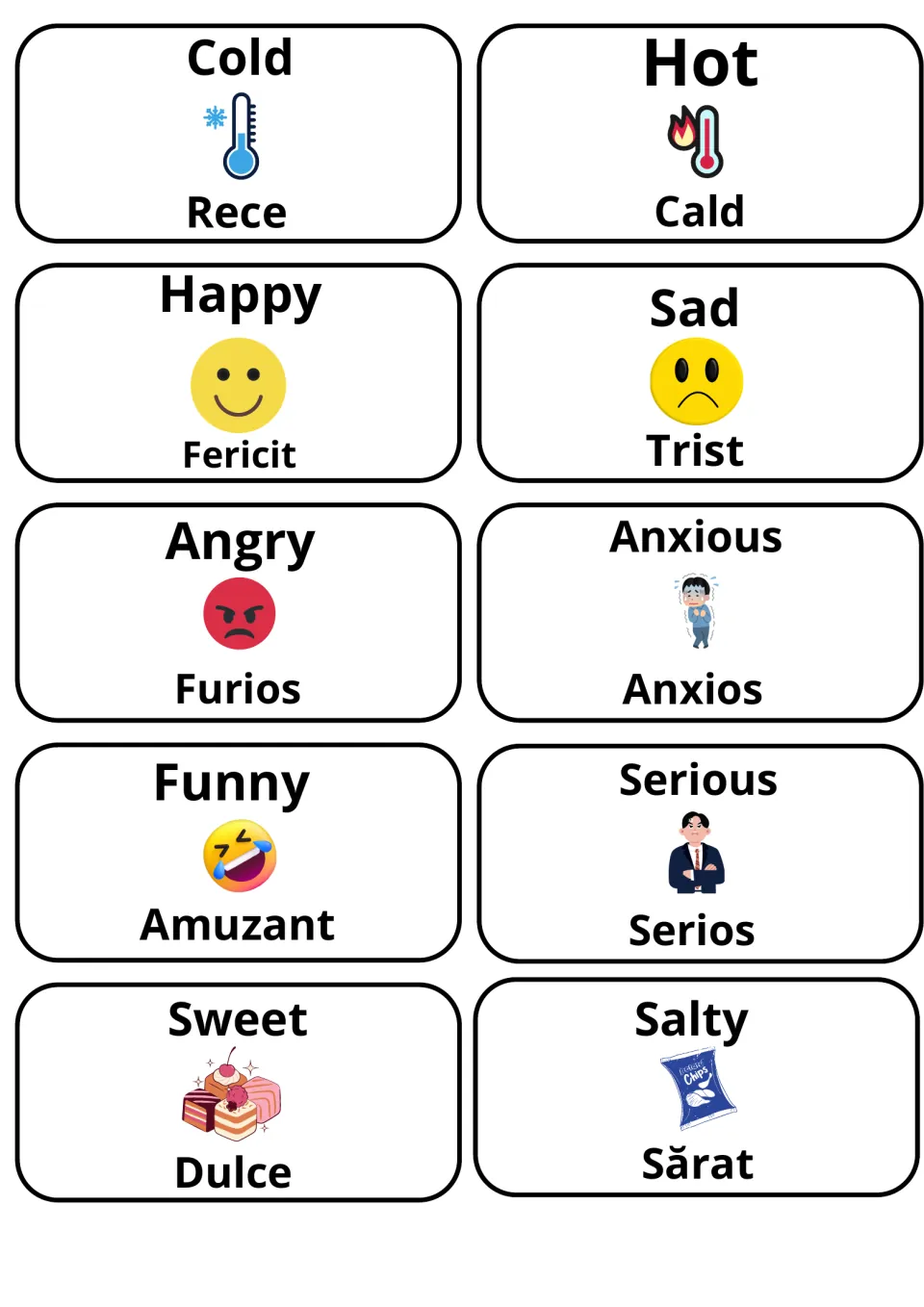 Feelings and temperature adjectives in English and Romanian: cold/rece, hot/cald, happy/fericit, sad/trist, angry/furios