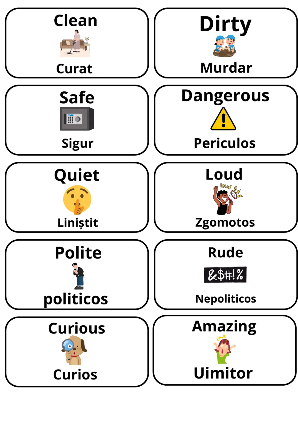 Pictured adjective cards with Romanian translations: clean/curat, dirty/murdar, safe/sigur, dangerous/periculos