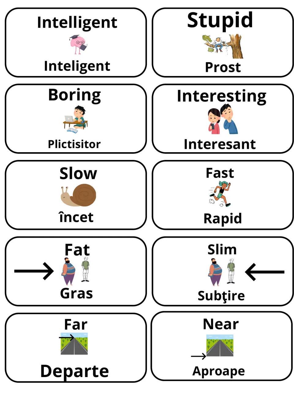 English adjectives with images and Romanian words: intelligent/inteligent, boring/plictisitor, slow/încet, fast/rapid