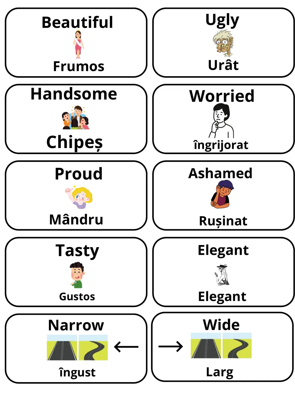Appearance and emotion adjective cards in English and Romanian: beautiful/frumos, ugly/urât, proud/mândru, ashamed/rușinat