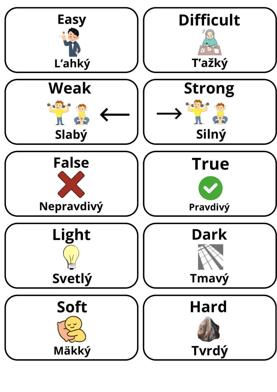 Slovak adjective flashcards for easy/ľahký, difficult/ťažký, weak, strong, false, true, light, dark, soft and hard