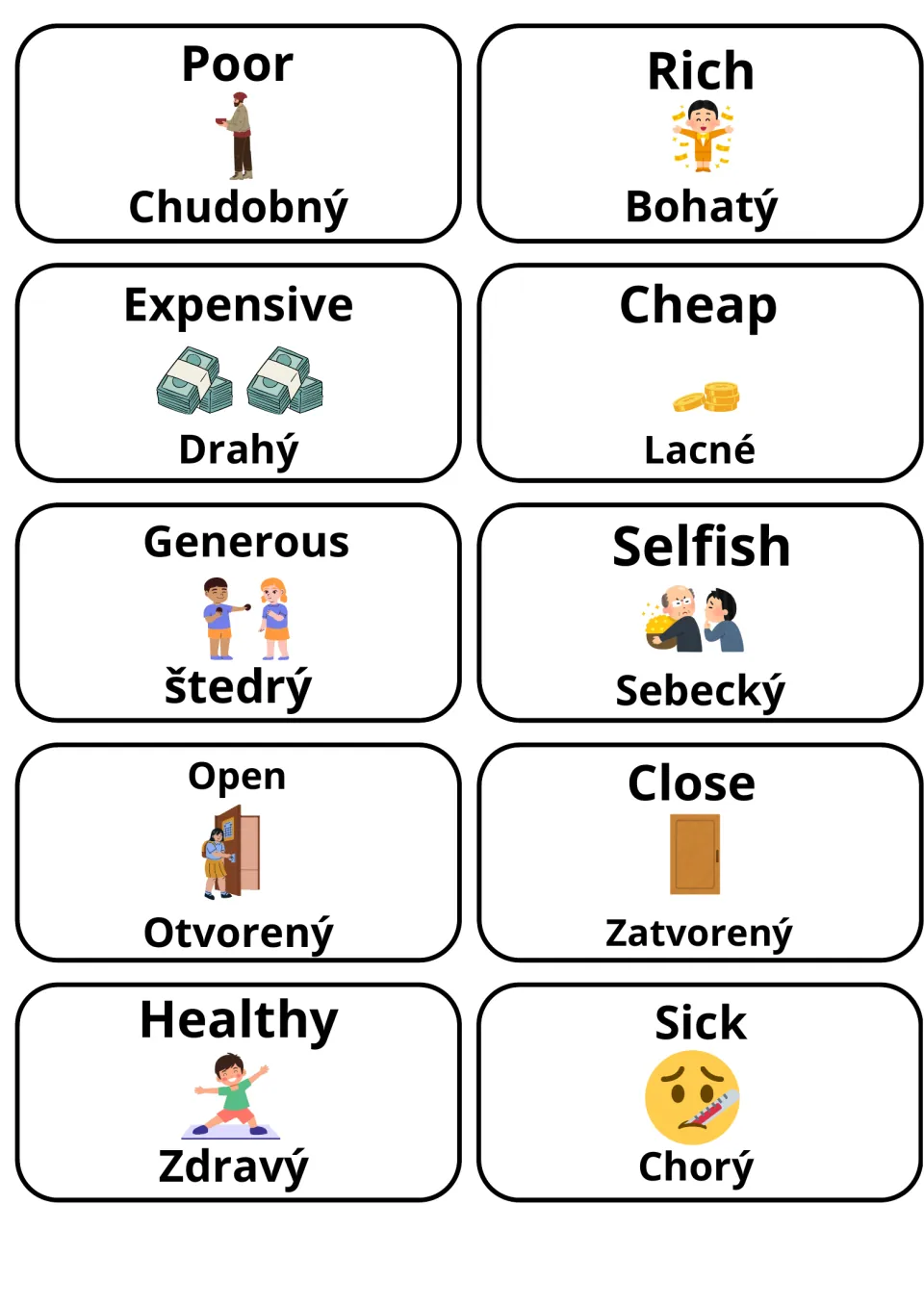Slovak opposites on cards: poor/chudobný, rich/bohatý, expensive, cheap, generous, selfish, open, close, healthy and sick