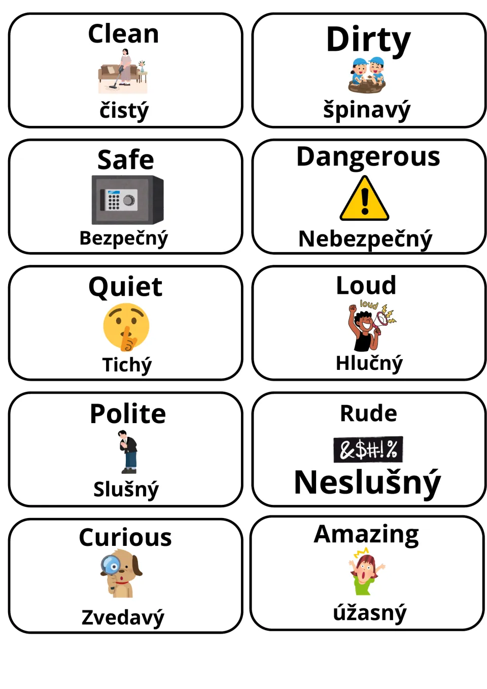 Bilingual Slovak cards for clean/čistý, dirty/špinavý, safe, dangerous, quiet, loud, polite, rude, curious and amazing