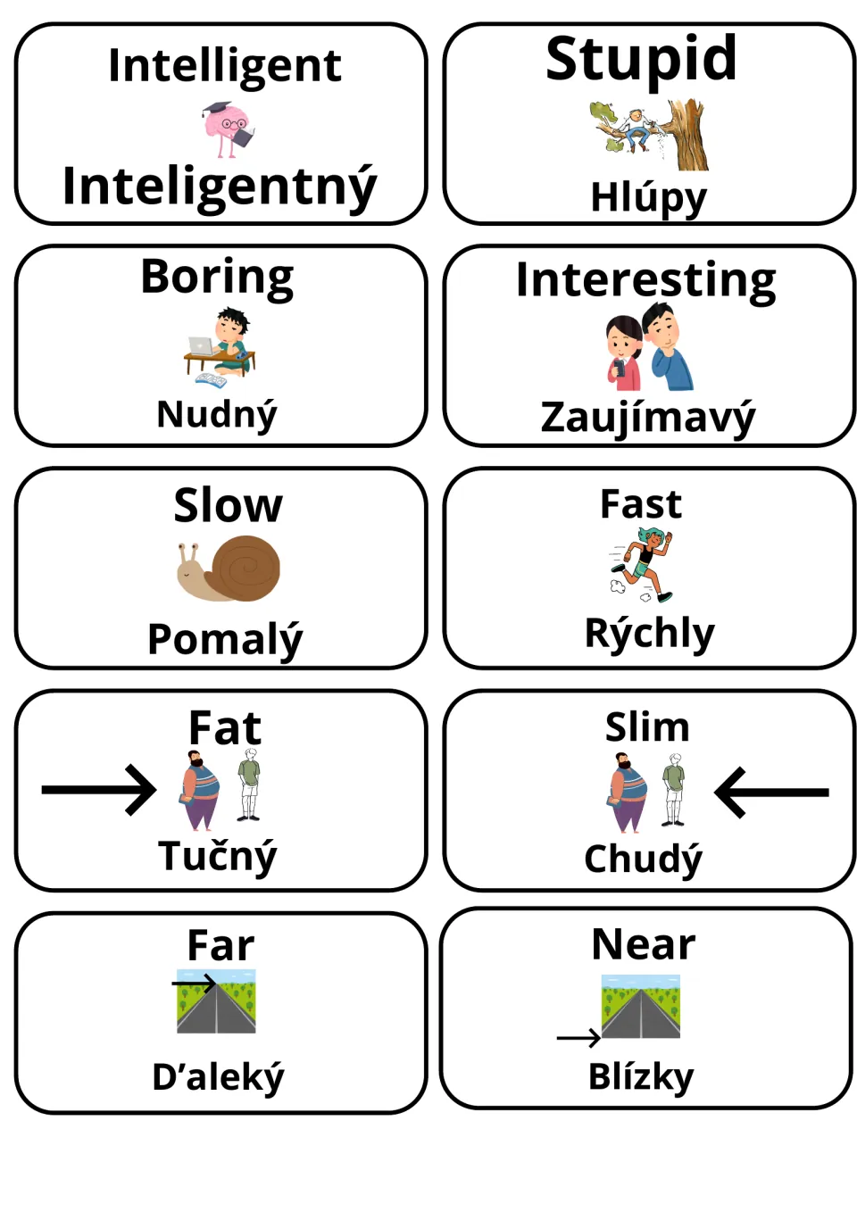 Slovak translations on cards: intelligent, stupid, boring, interesting, slow/pomalý, fast/rýchly, fat, slim, far, near