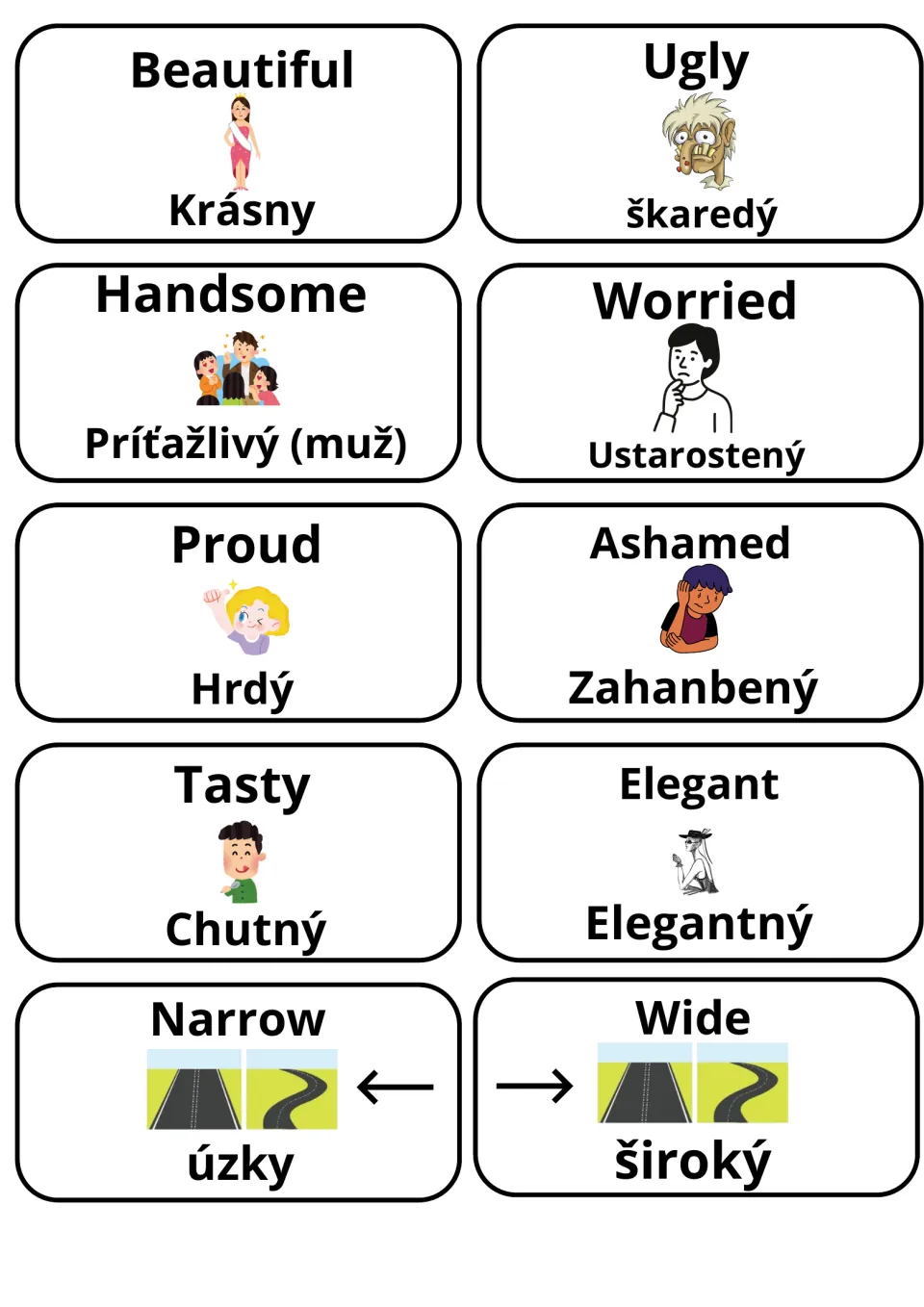 Slovak picture cards: beautiful/krásny, ugly, handsome/príťažlivý, worried, proud, ashamed, tasty, elegant, narrow, wide