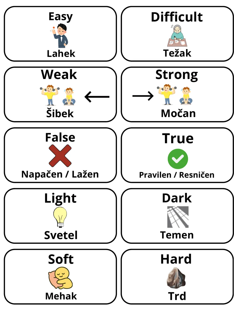 Picture cards for Slovene adjectives: easy/lahek, difficult/težak, weak, strong, false, true, light, dark, soft, hard