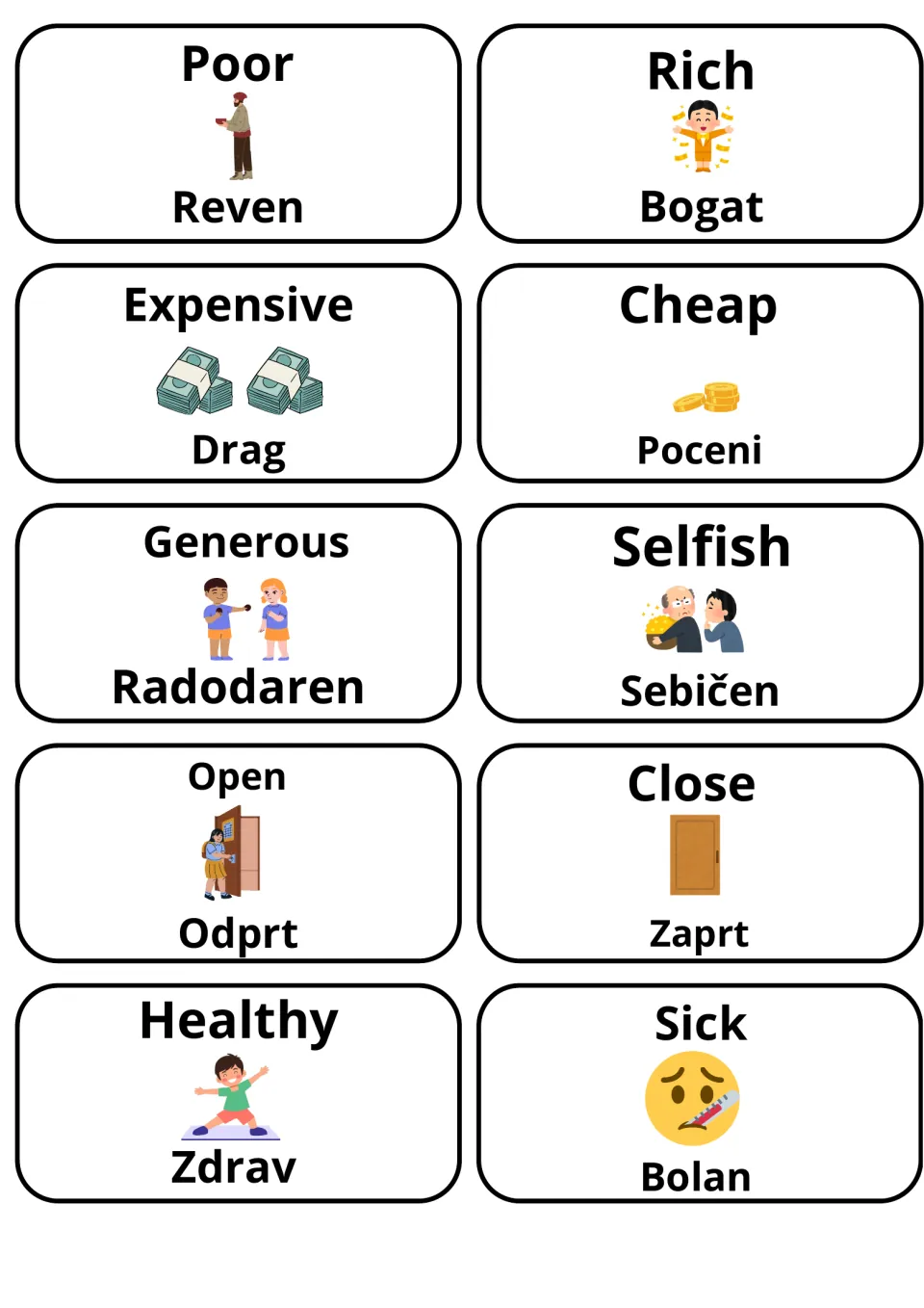 Slovene adjective cards: poor/reven, rich/bogat, expensive/drag, cheap, generous, selfish, open, close, healthy, sick