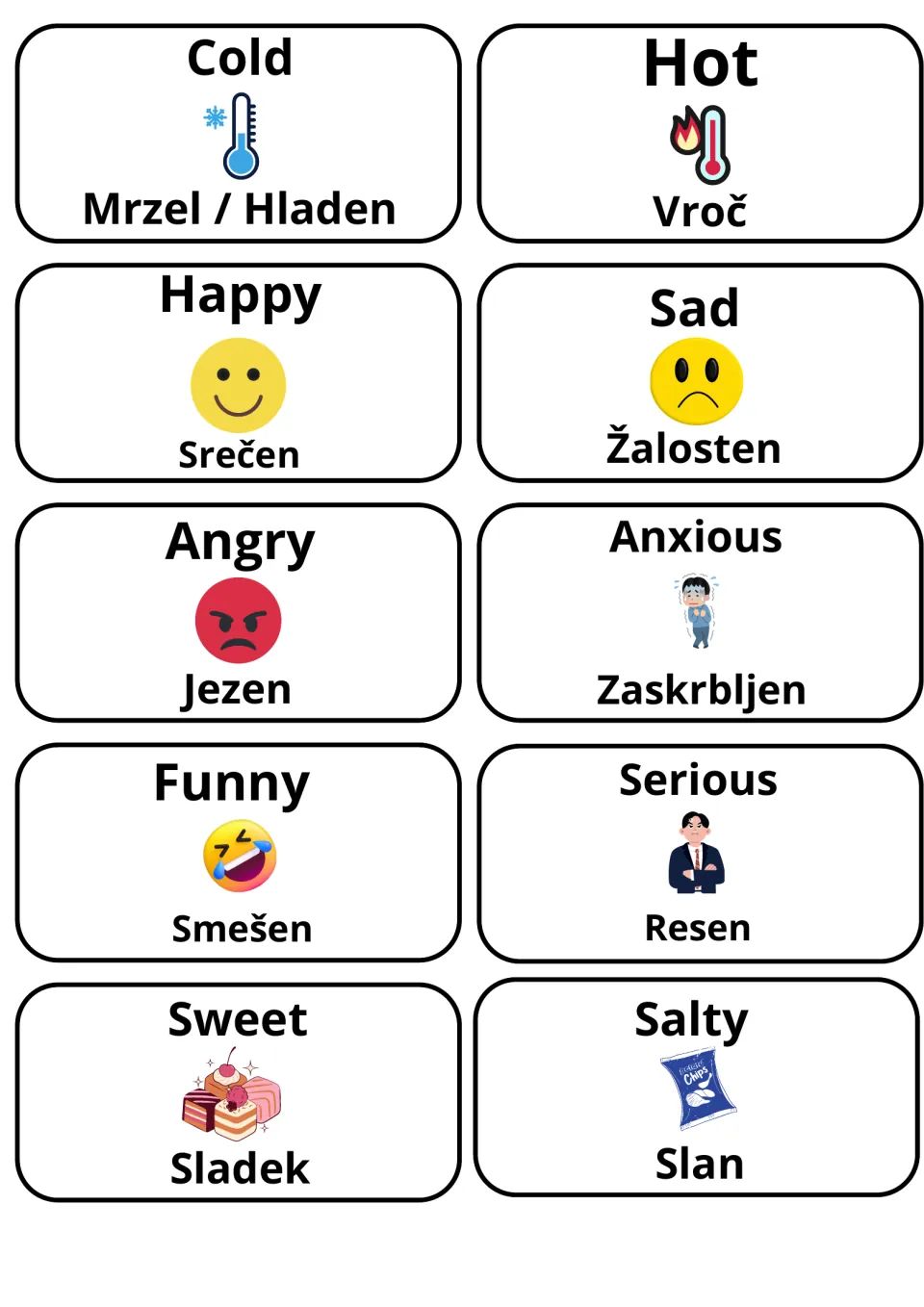 Feelings and taste adjectives in Slovene: cold/mrzel, hot/vroč, happy, sad, angry, anxious, funny, serious, sweet, salty