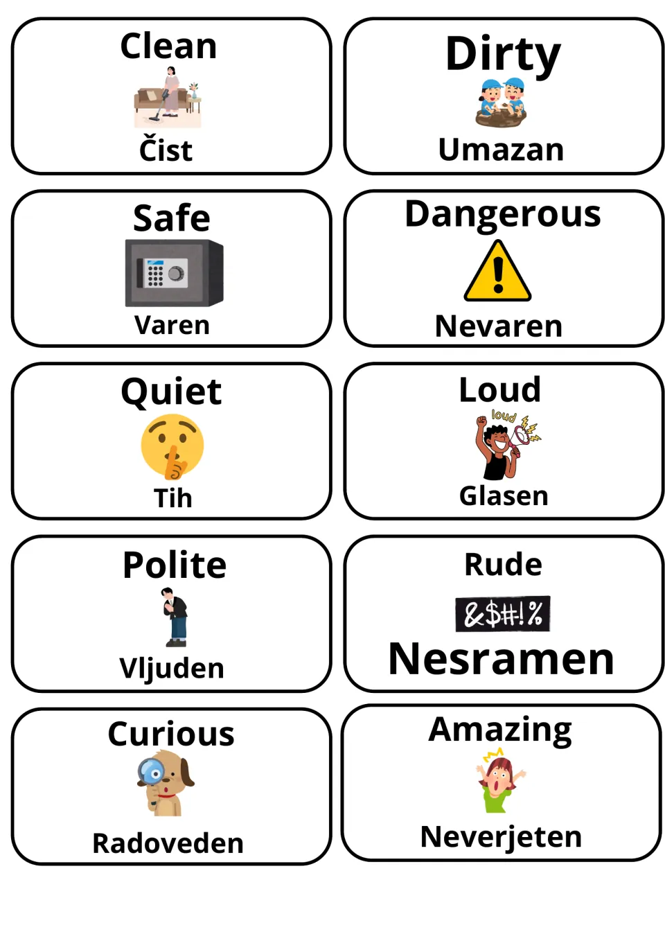 Adjective cards in Slovene: clean/čist, dirty/umazan, safe, dangerous, quiet, loud, polite, rude, curious, amazing