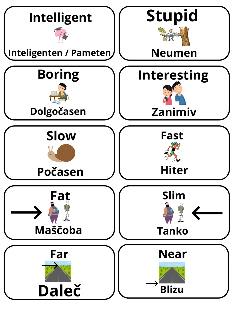Adjective pairs in Slovene: intelligent/pameten, stupid/neumen, boring, interesting, slow, fast, fat, slim, far, near