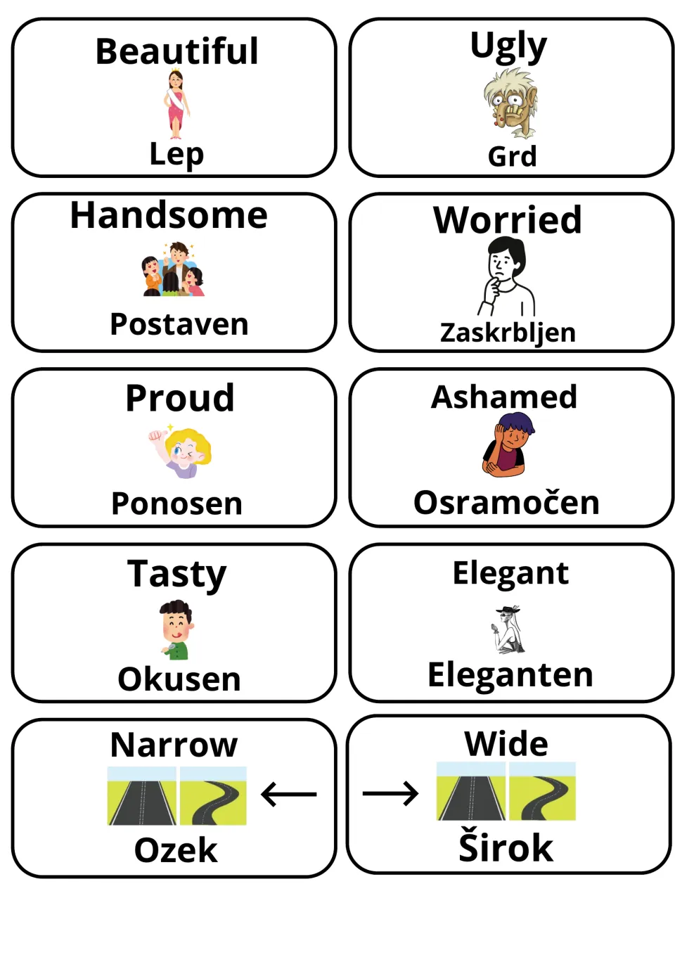Illustrated Slovene adjectives: beautiful/lep, ugly/grd, handsome, worried, proud, ashamed, tasty, elegant, narrow, wide