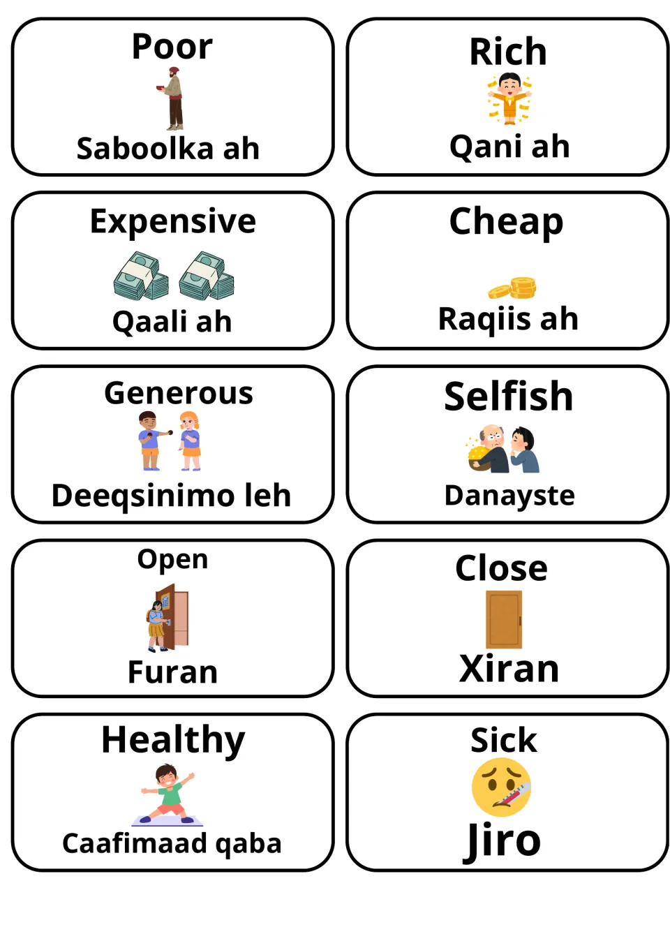 Cards for poor/Saboolka ah, rich/Qani ah, expensive, cheap, generous, selfish, open, close, healthy and sick in Somali