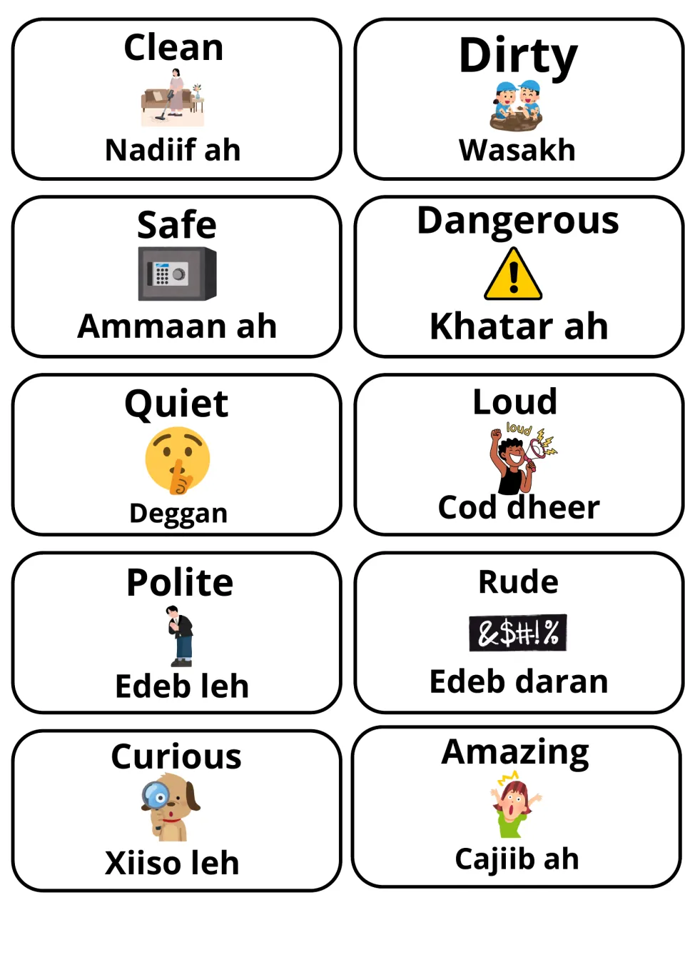 Describing words clean/Nadiif ah, dirty/Wasakh, safe, dangerous, quiet, loud, polite, rude, curious, amazing in Somali