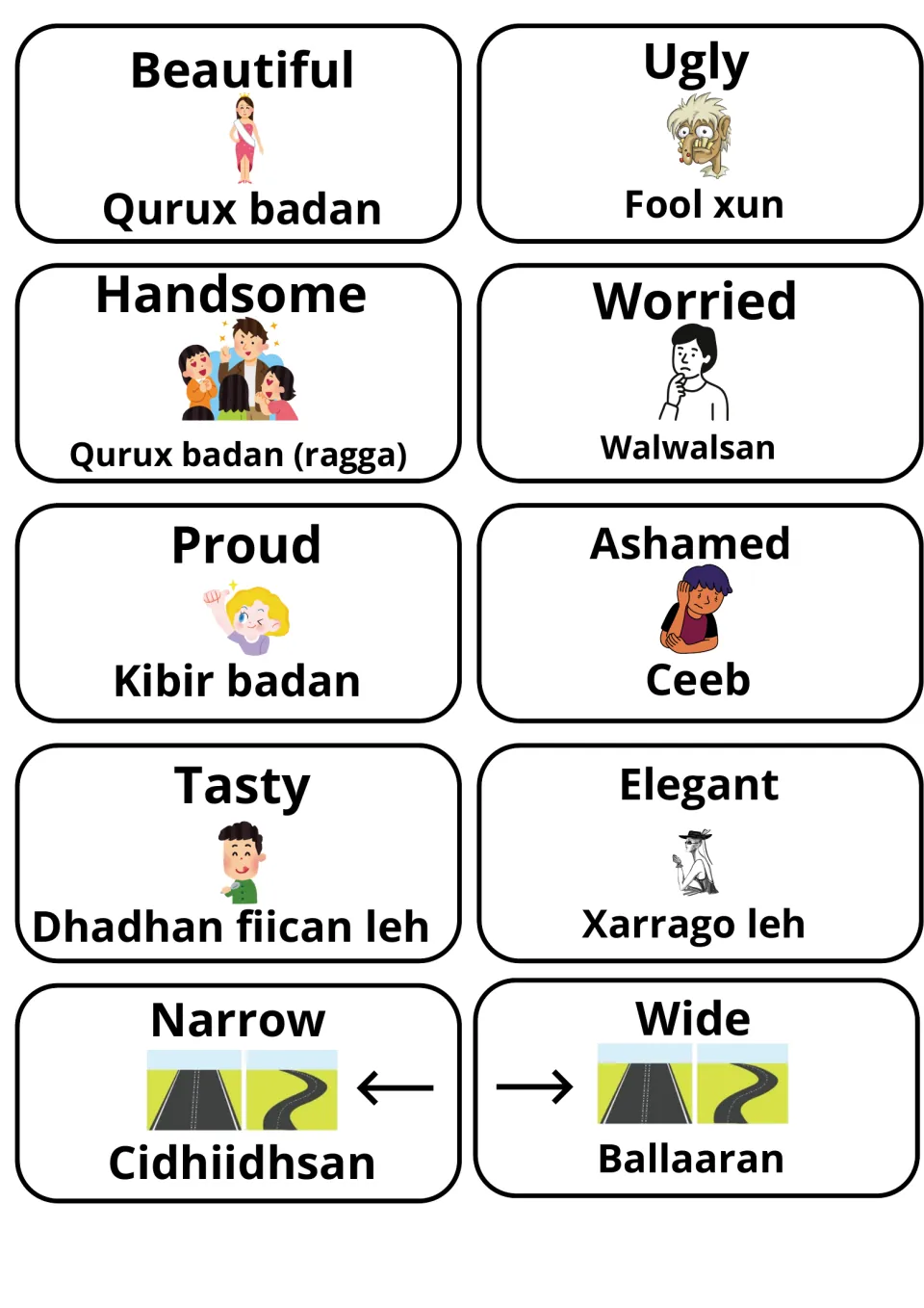 Somali-English cards: beautiful/Qurux badan, ugly, handsome, worried, proud, ashamed, tasty, elegant, narrow, wide