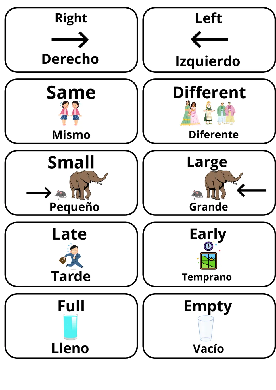 Opposite adjectives with Spanish words: picture cards for right/derecho, left/izquierdo, full/lleno, empty/vacío