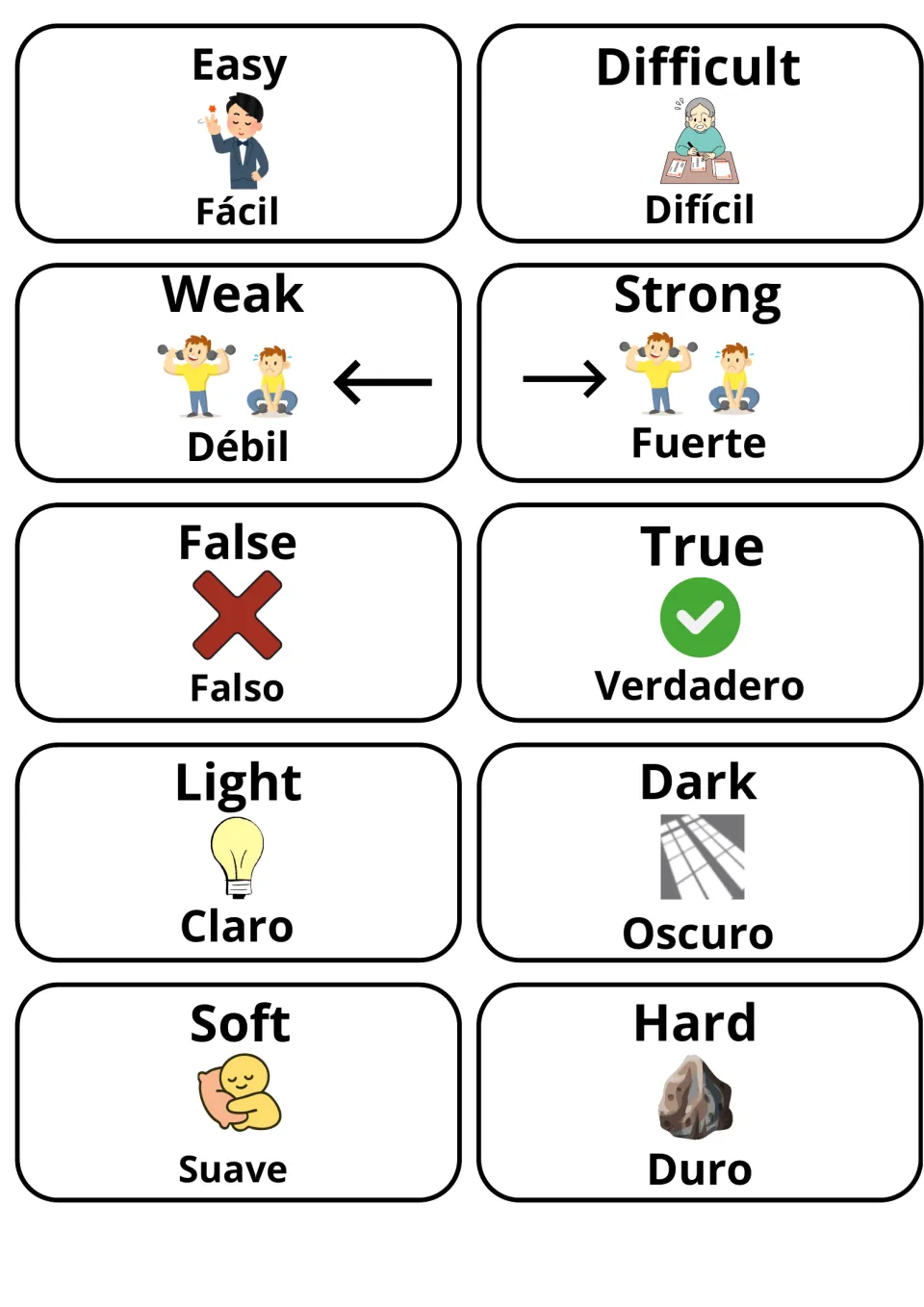 Adjective opposite cards in English and Spanish: easy/fácil, difficult/difícil, weak/débil, strong/fuerte, true, light