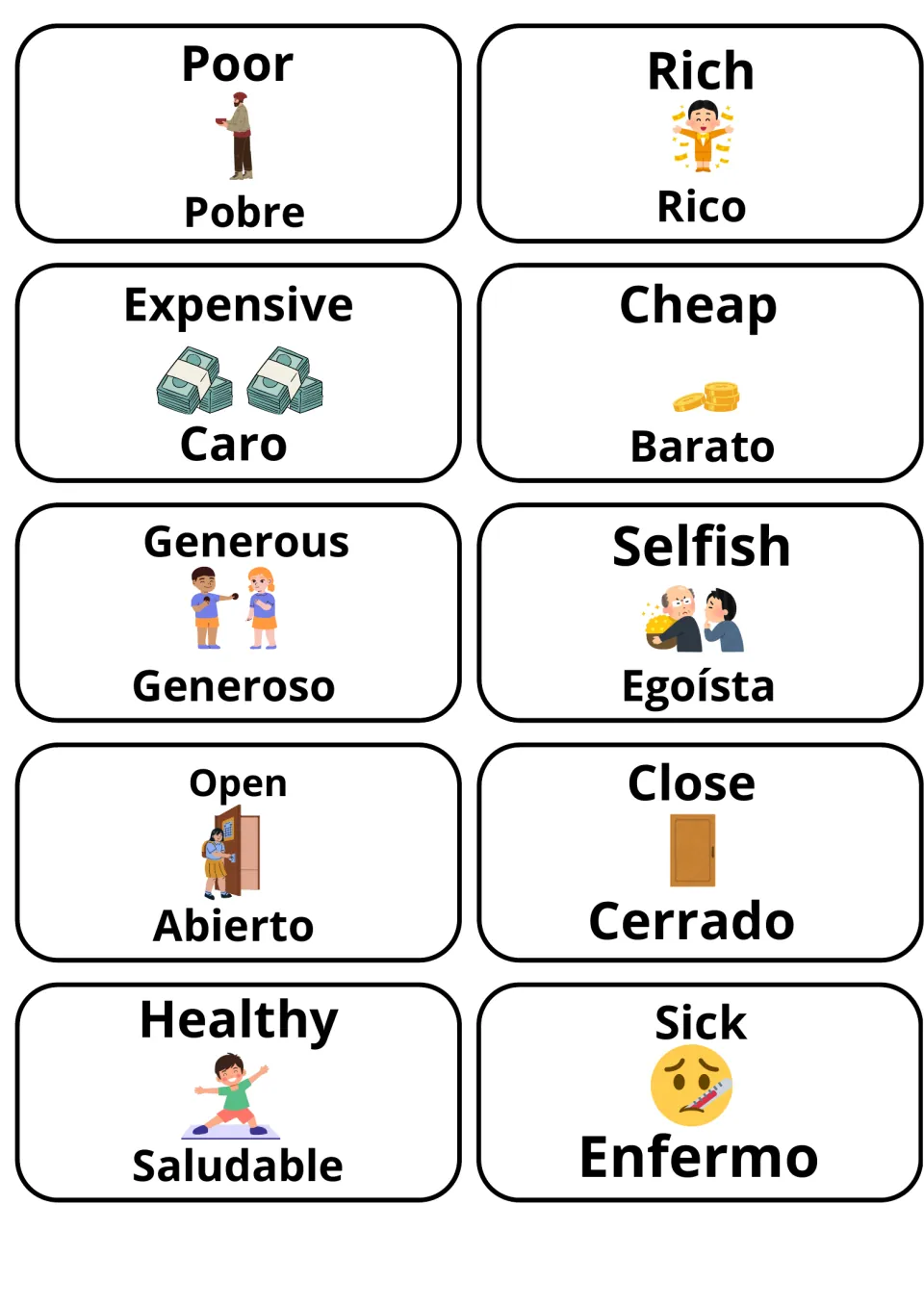 Spanish adjective pairs on picture cards: poor/pobre, rich/rico, expensive/caro, cheap/barato, generous, open, healthy