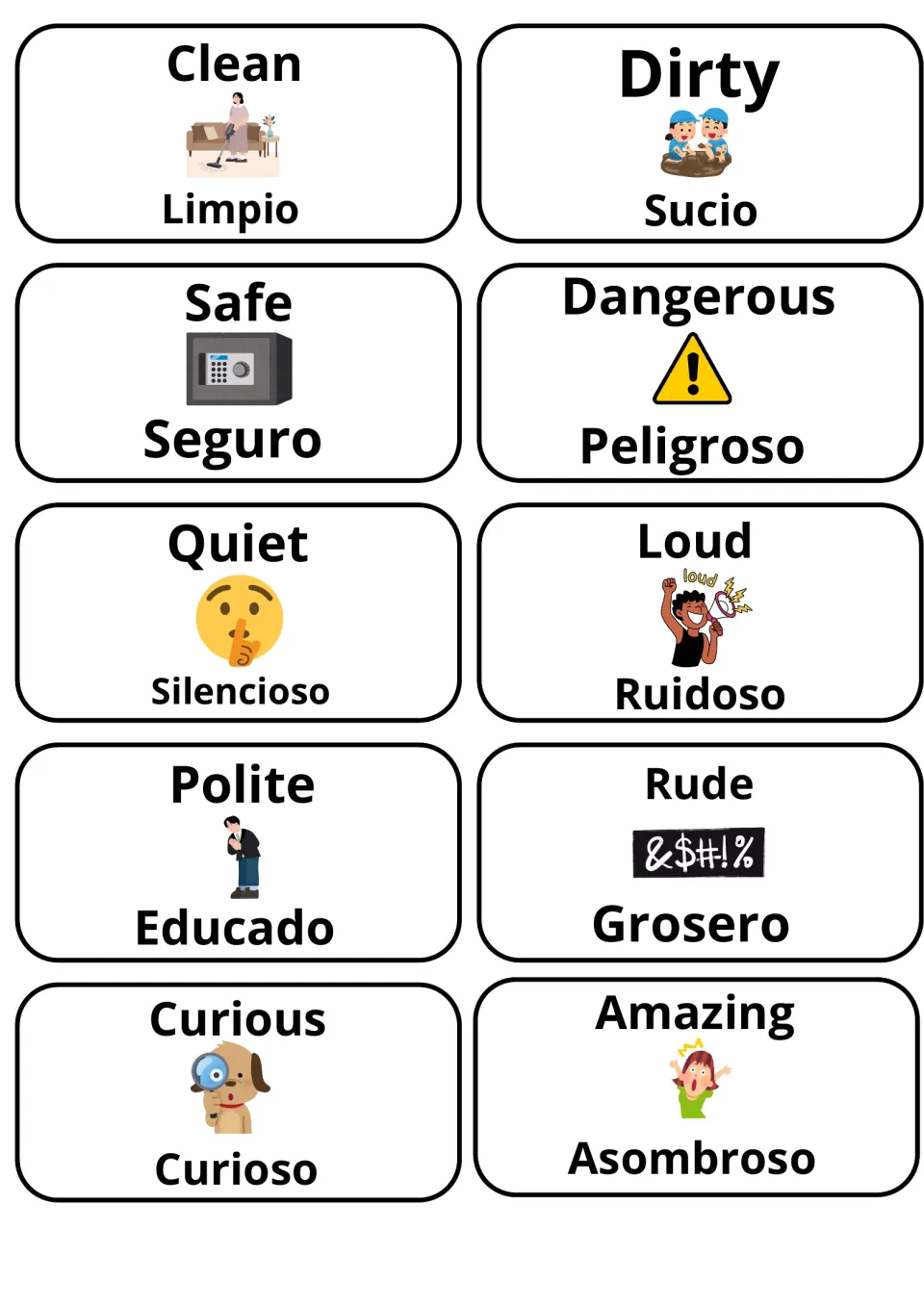 Picture vocabulary cards for adjectives with Spanish words: clean/limpio, dirty/sucio, safe/seguro, quiet, loud