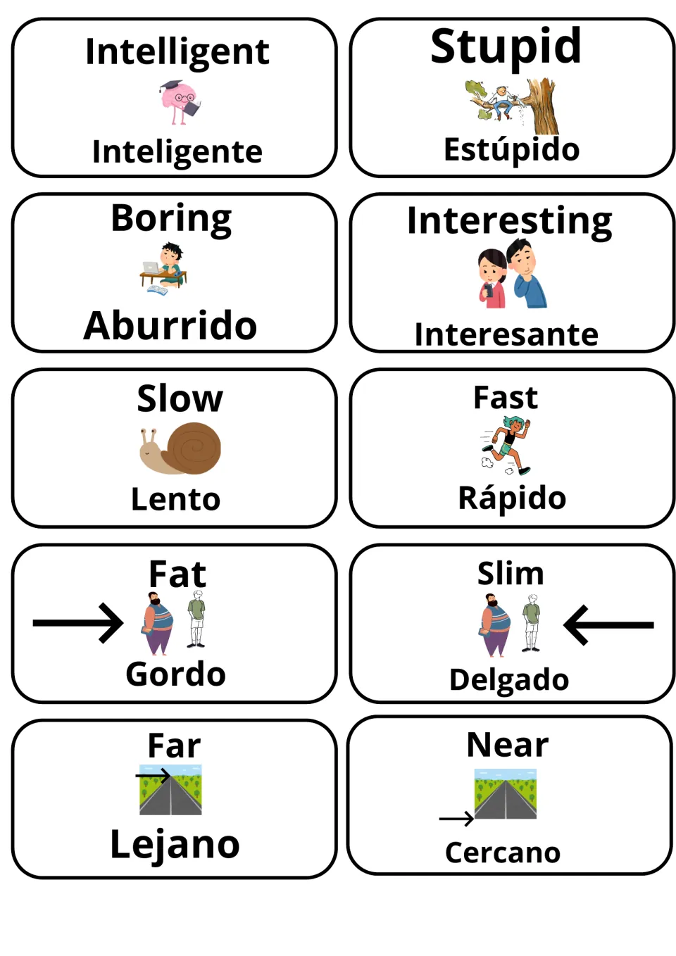 Describing-words cards in English and Spanish: intelligent, boring/aburrido, slow/lento, fast/rápido, fat, slim, far, near