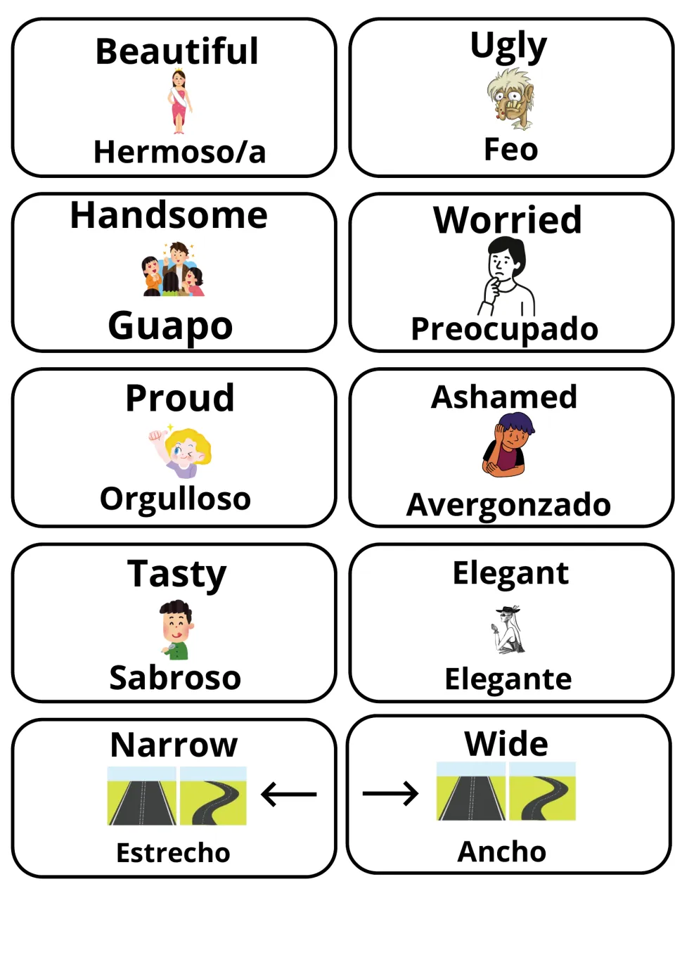 More adjective picture cards with Spanish: beautiful/hermoso, ugly/feo, handsome/guapo, worried, proud, narrow, wide