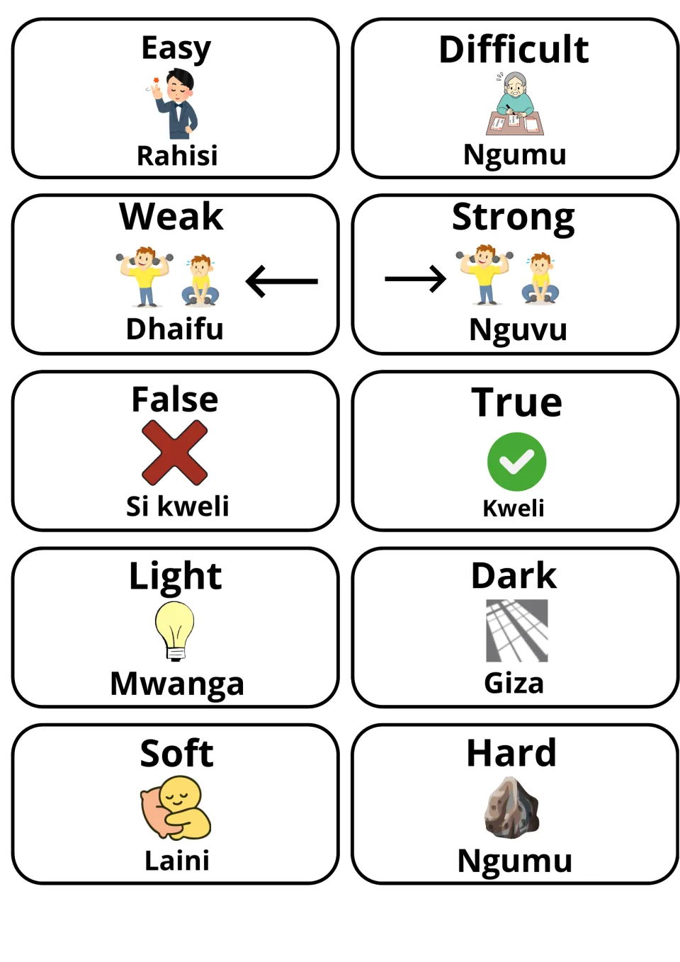 Swahili adjective picture cards: easy/rahisi, difficult/ngumu, weak, strong, false, true, light, dark, soft and hard/ngumu
