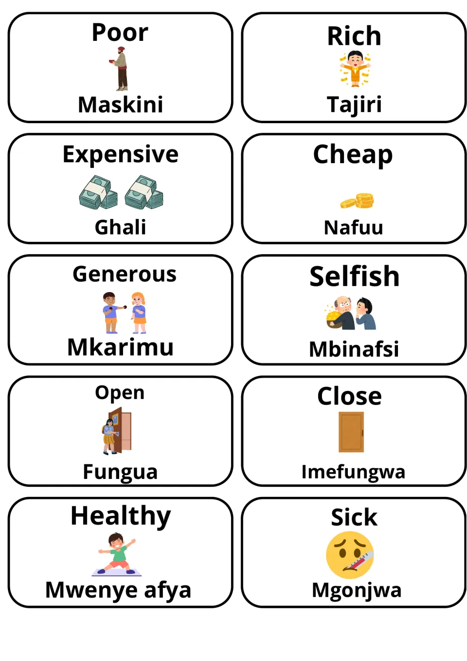 Adjective cards with Swahili: poor/maskini, rich/tajiri, expensive, cheap, generous, selfish, open, close, healthy, sick