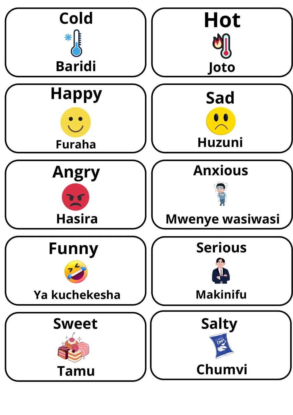 Feeling and taste adjectives with Swahili: cold/baridi, hot/joto, happy, sad, angry, anxious, funny, serious, sweet, salty