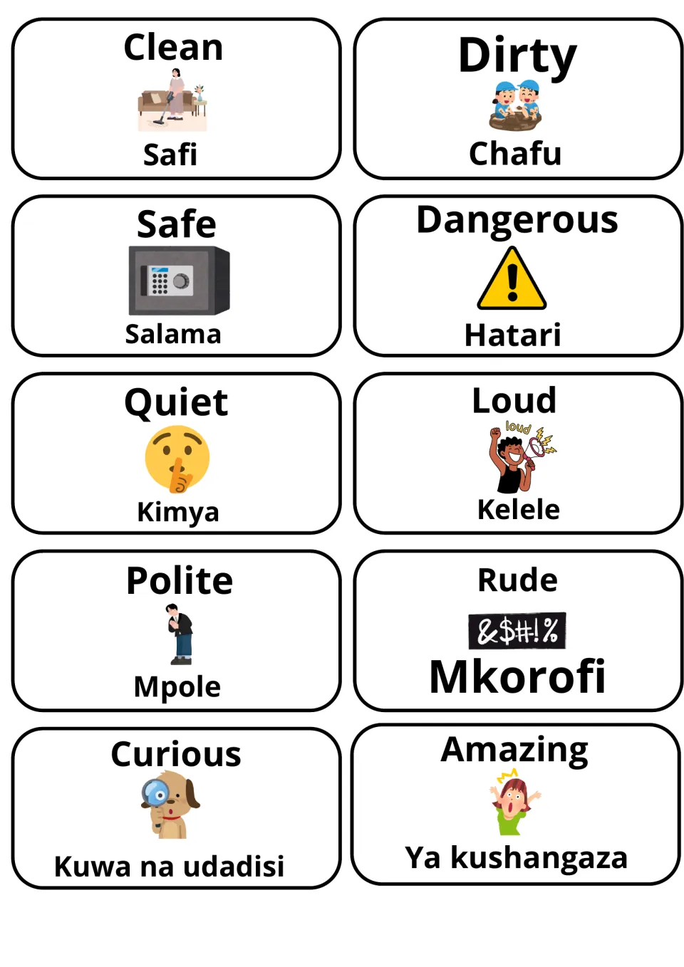 Swahili-English adjective cards: clean/safi, dirty/chafu, safe, dangerous, quiet, loud, polite, rude, curious and amazing