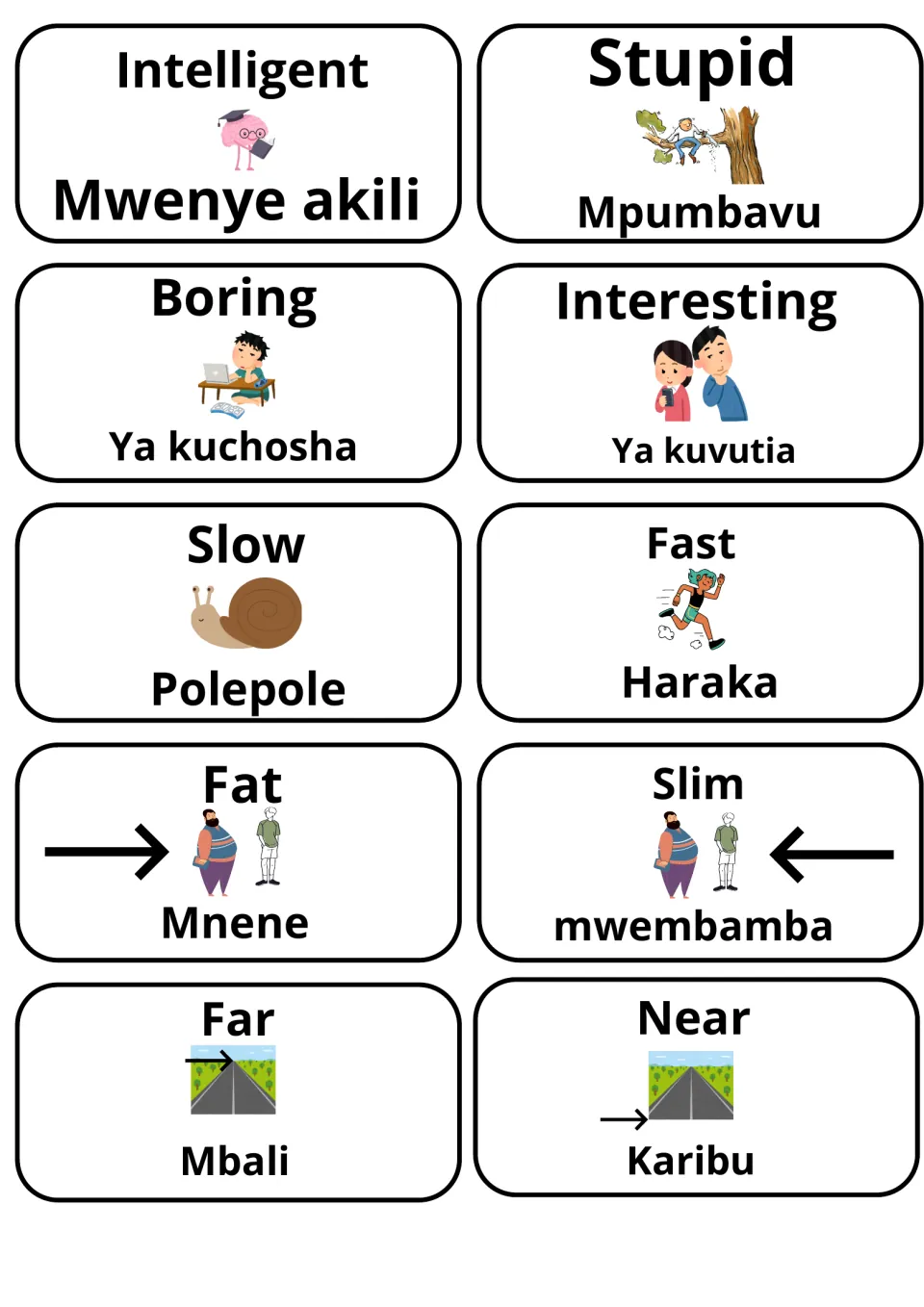Swahili opposites cards: intelligent/mwenye akili, stupid, boring, interesting, slow, fast, fat, slim, far, near