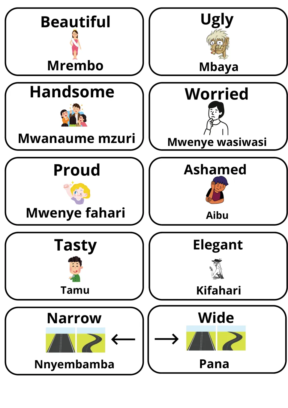 Swahili adjective flashcards: beautiful/mrembo, ugly, handsome, worried, proud, ashamed, tasty, elegant, narrow, wide