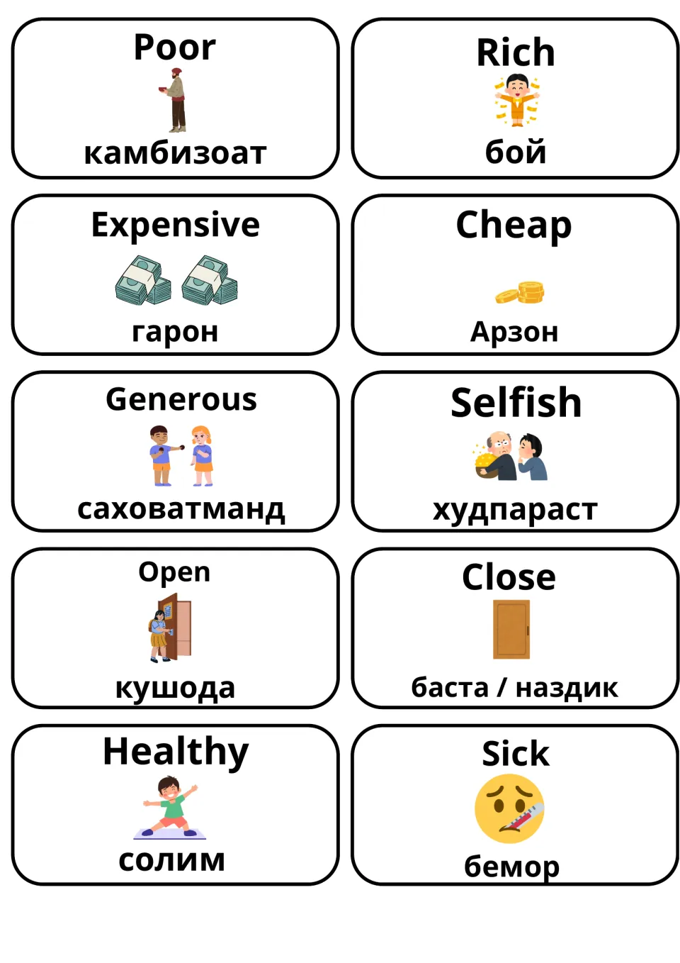 Opposite adjectives poor/rich, expensive/cheap, generous/selfish, open/close and healthy/sick with Tajik translations