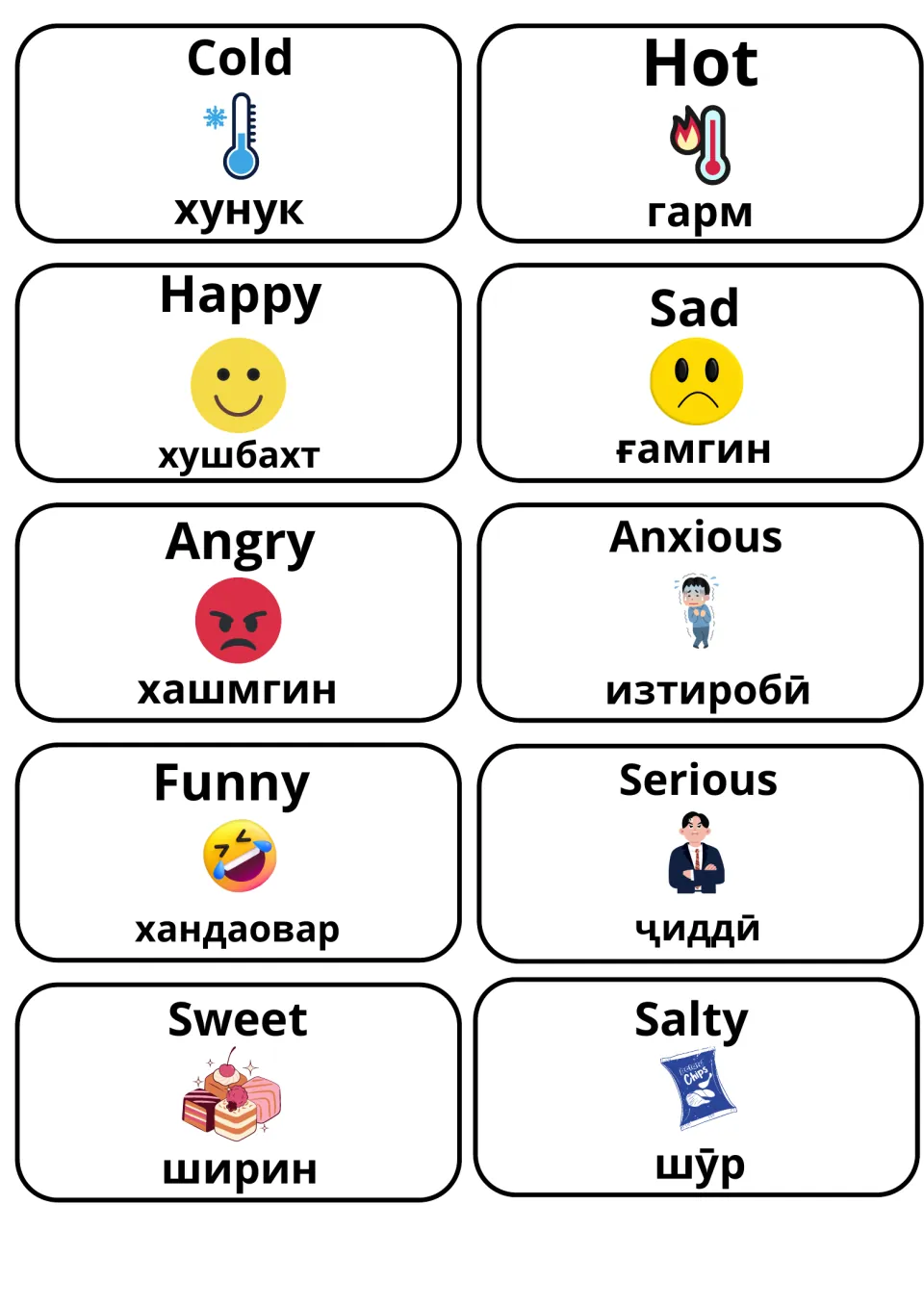 Feelings, temperature and taste words cold, hot, happy, sad, angry, anxious, funny, serious, sweet and salty, with Tajik