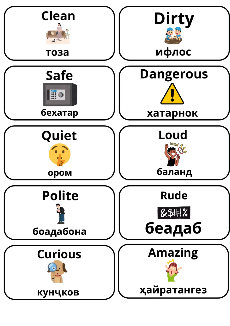 Picture cards for clean, dirty, safe, dangerous, quiet, loud, polite, rude, curious and amazing, each labeled in Tajik